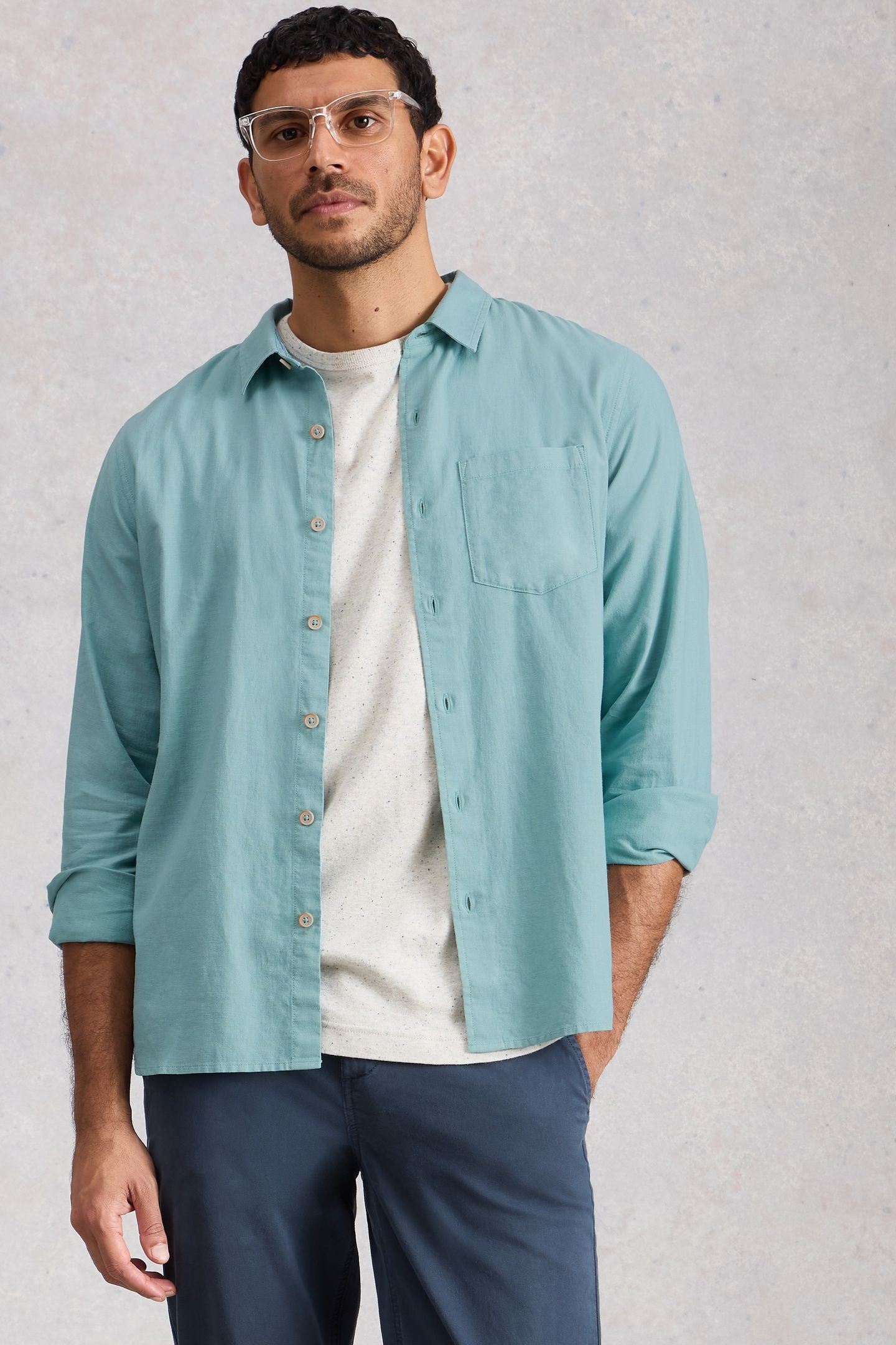 ELY LINEN COTTON LS SHIRT MID BLUE 1