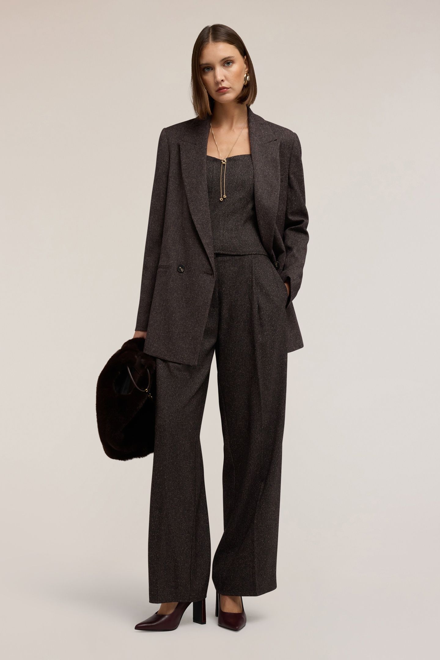 PALAZZO PANTS IN YARN-DYED FABRIC BROWN 1