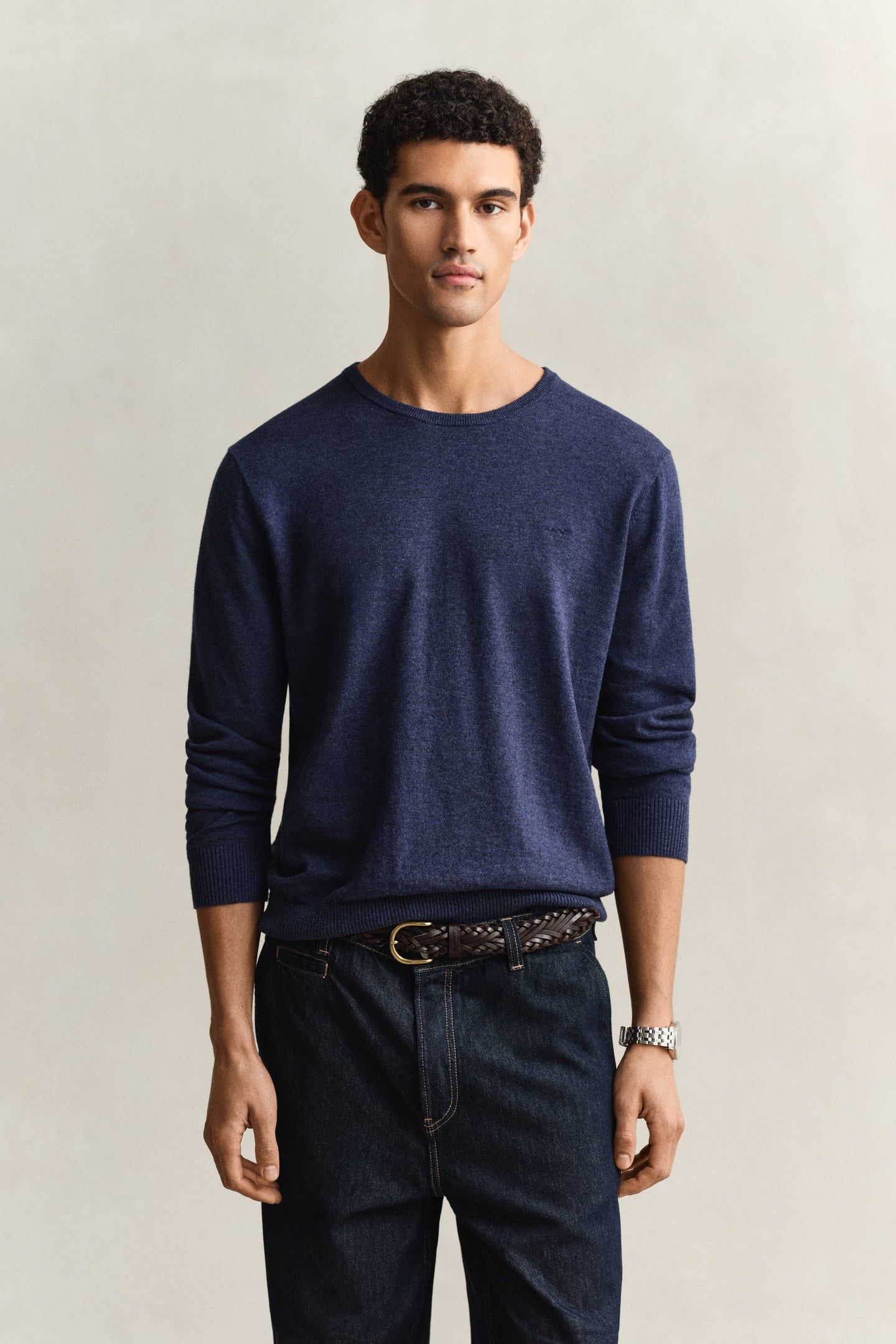 SLUB COTTON LINEN C-NECK DARK INDIGO MELANGE 1