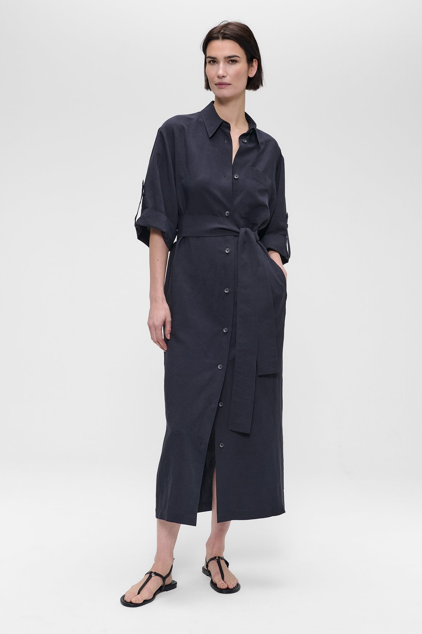 FINE LINEN VISC SHIRT DRESS SLATE 1