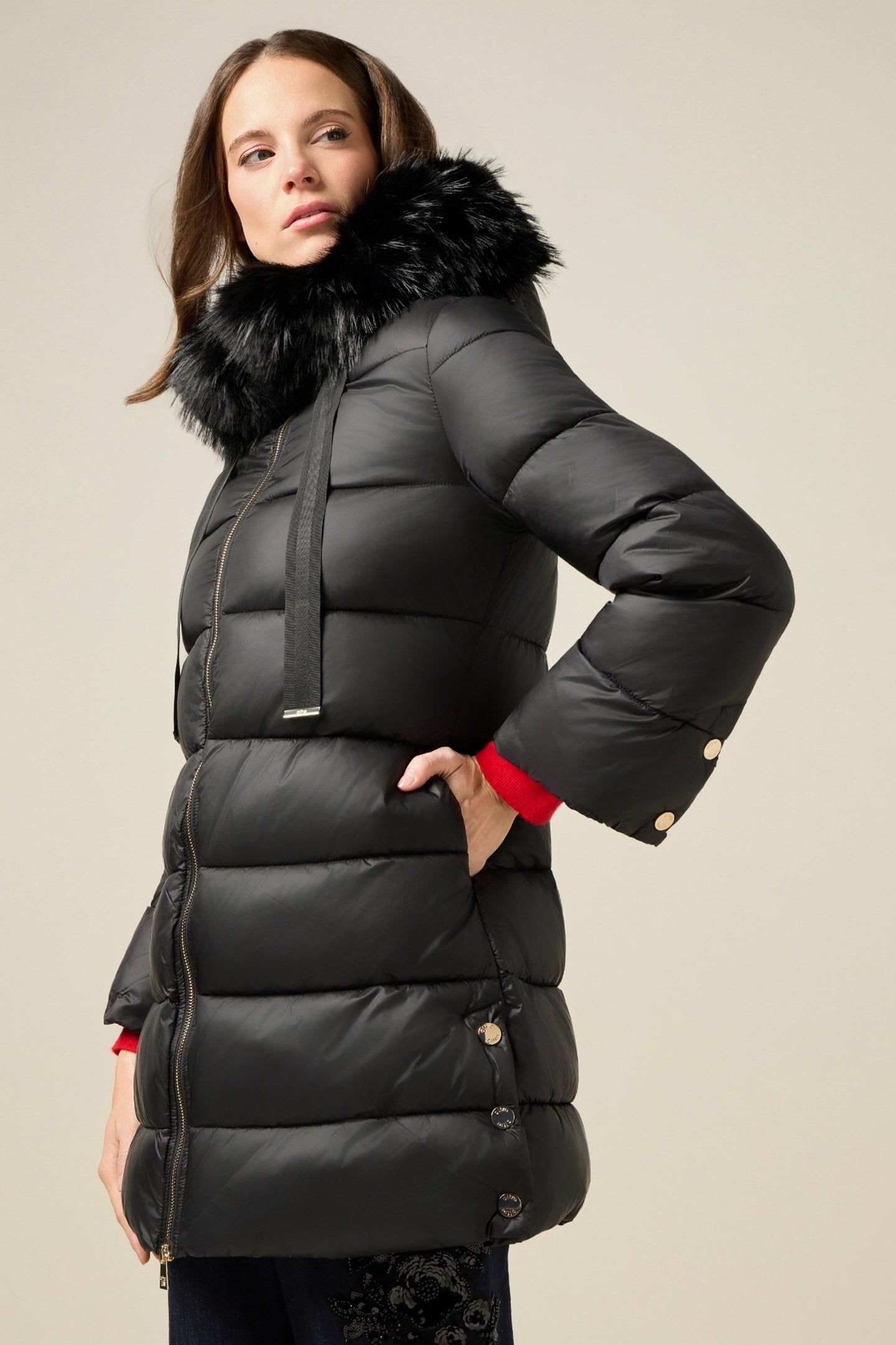 MIDI DOWN JACKET WITH HOOD AND FURRY TRIM BLACK 1