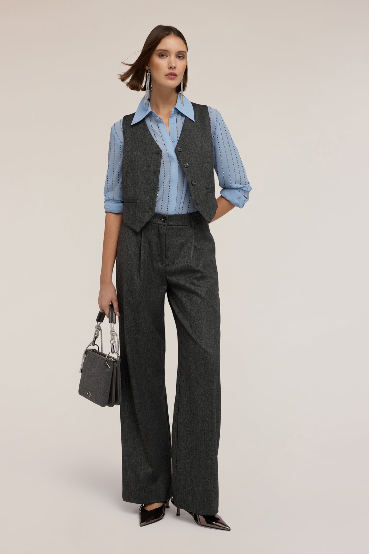 PALAZZO PANTS IN YARN-DYED FABRIC GREY 1