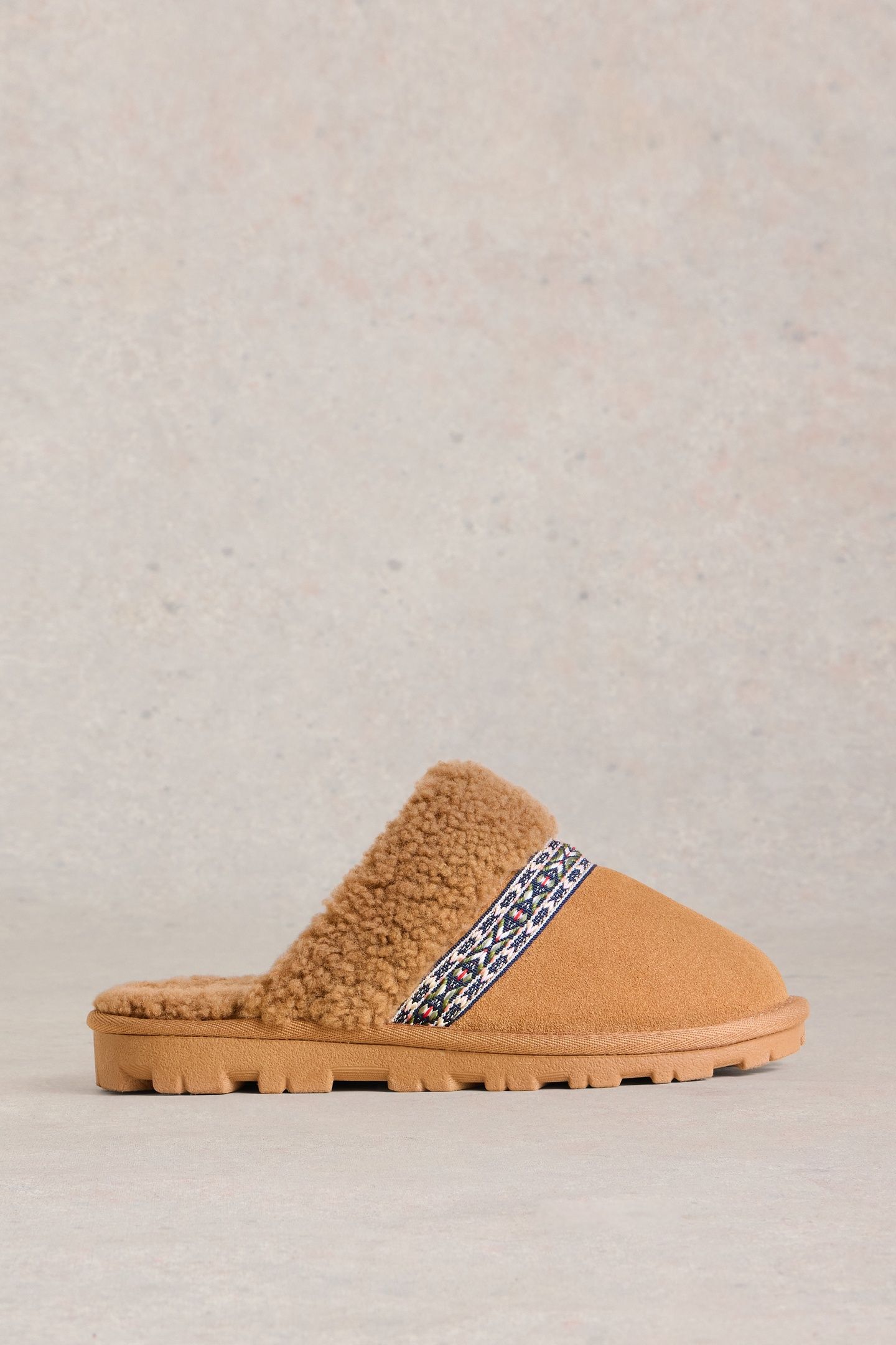 SUEDE SHEARLING SLIPPER MULE TAN MULTI 1