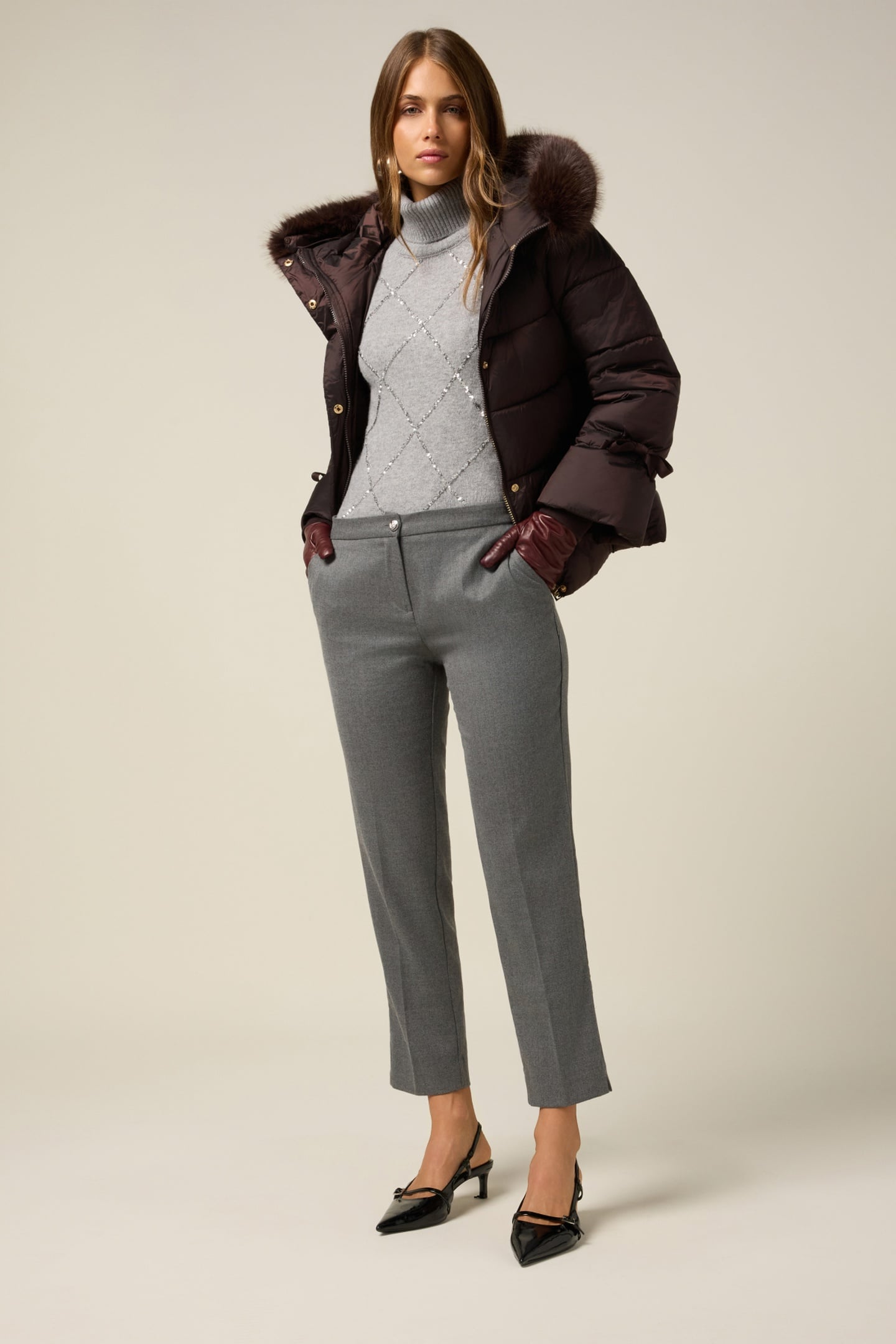 DOWN JACKET WITH HOOD AND FURRY TRIM BROWN 1