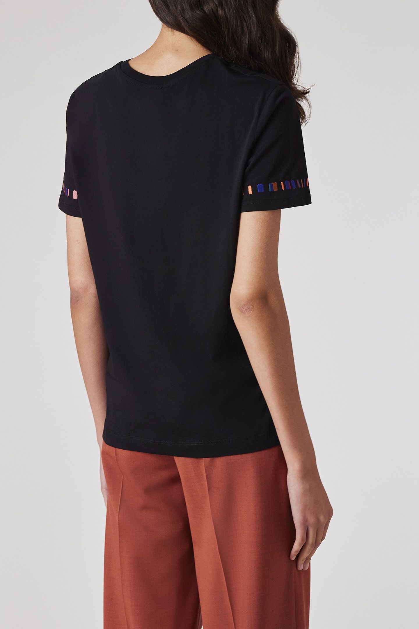 WOMENS STRIPE SLEEVE EMB T-SHIRT BLACK 2