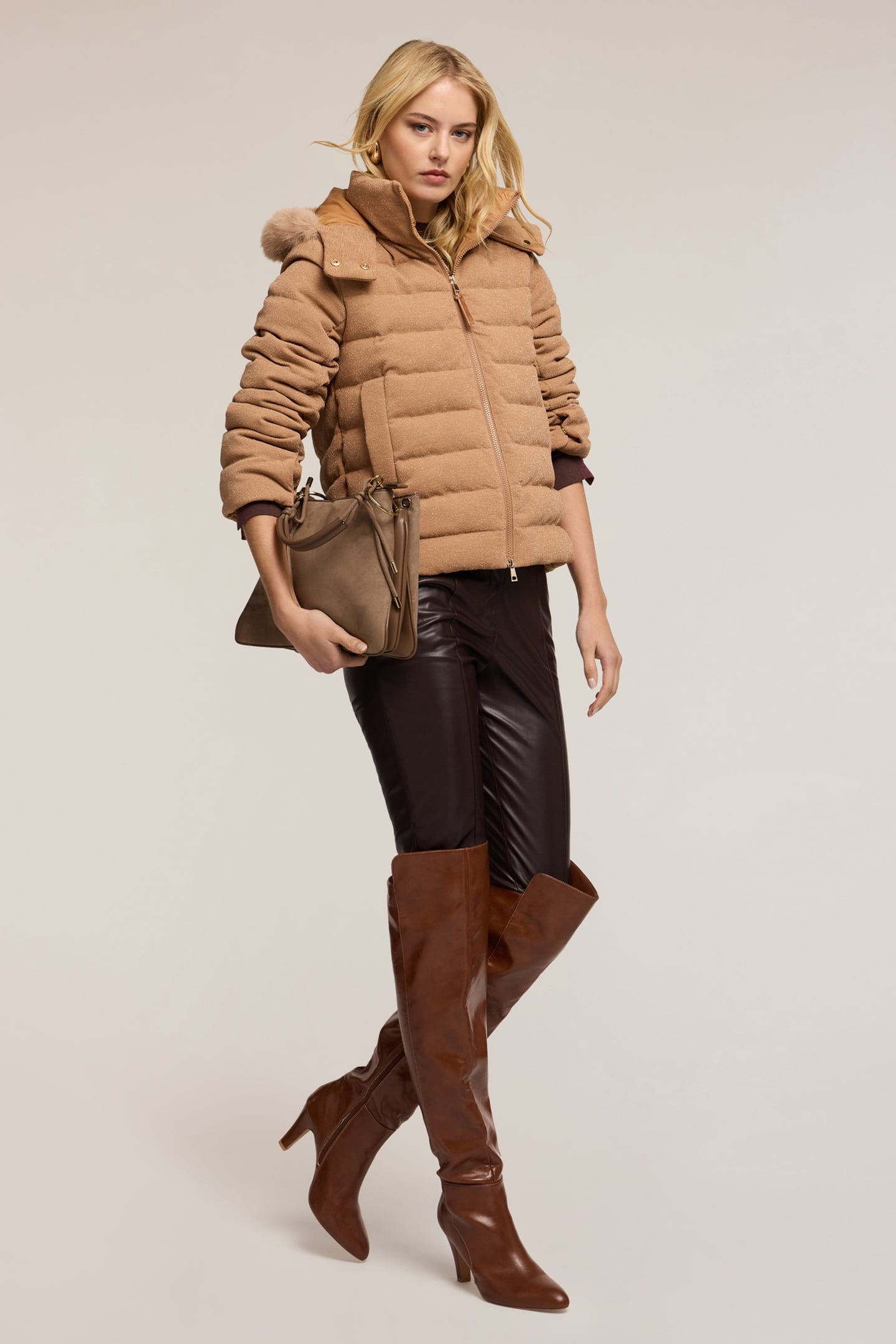 HEAVY GLITTERY DOWN JACKET WITH HOOD BEIGE 2