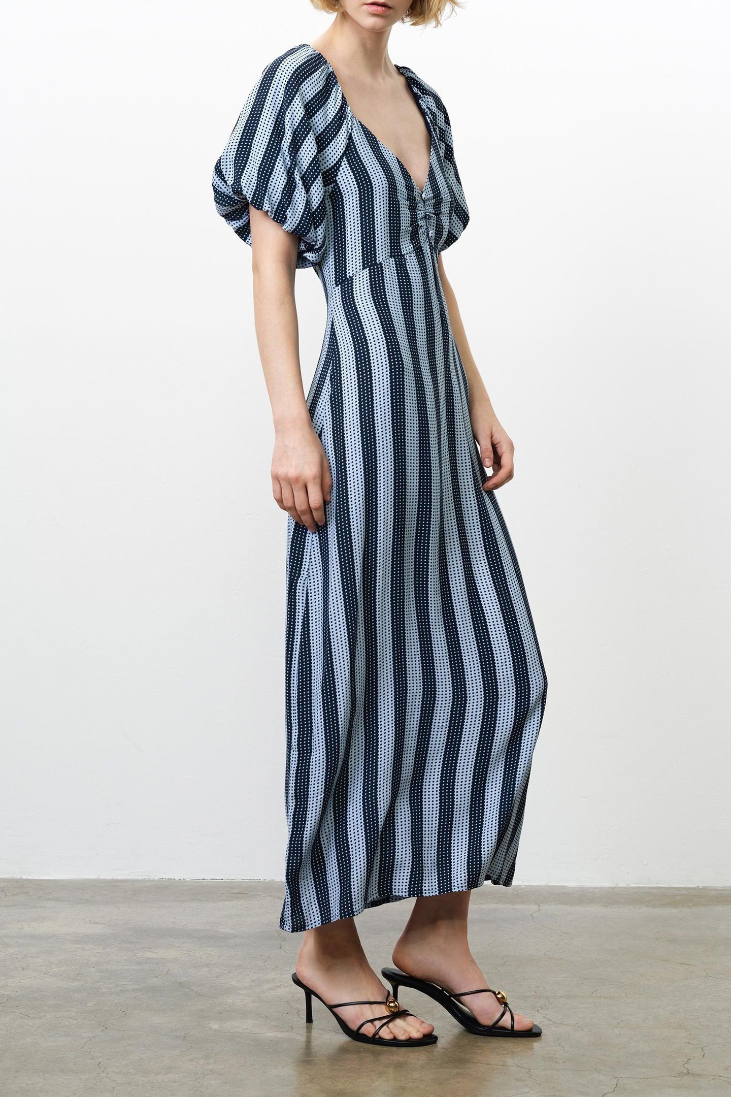FRAN LIZZIE PUFF SLV MIDI DRES BLUE STRIPE 1