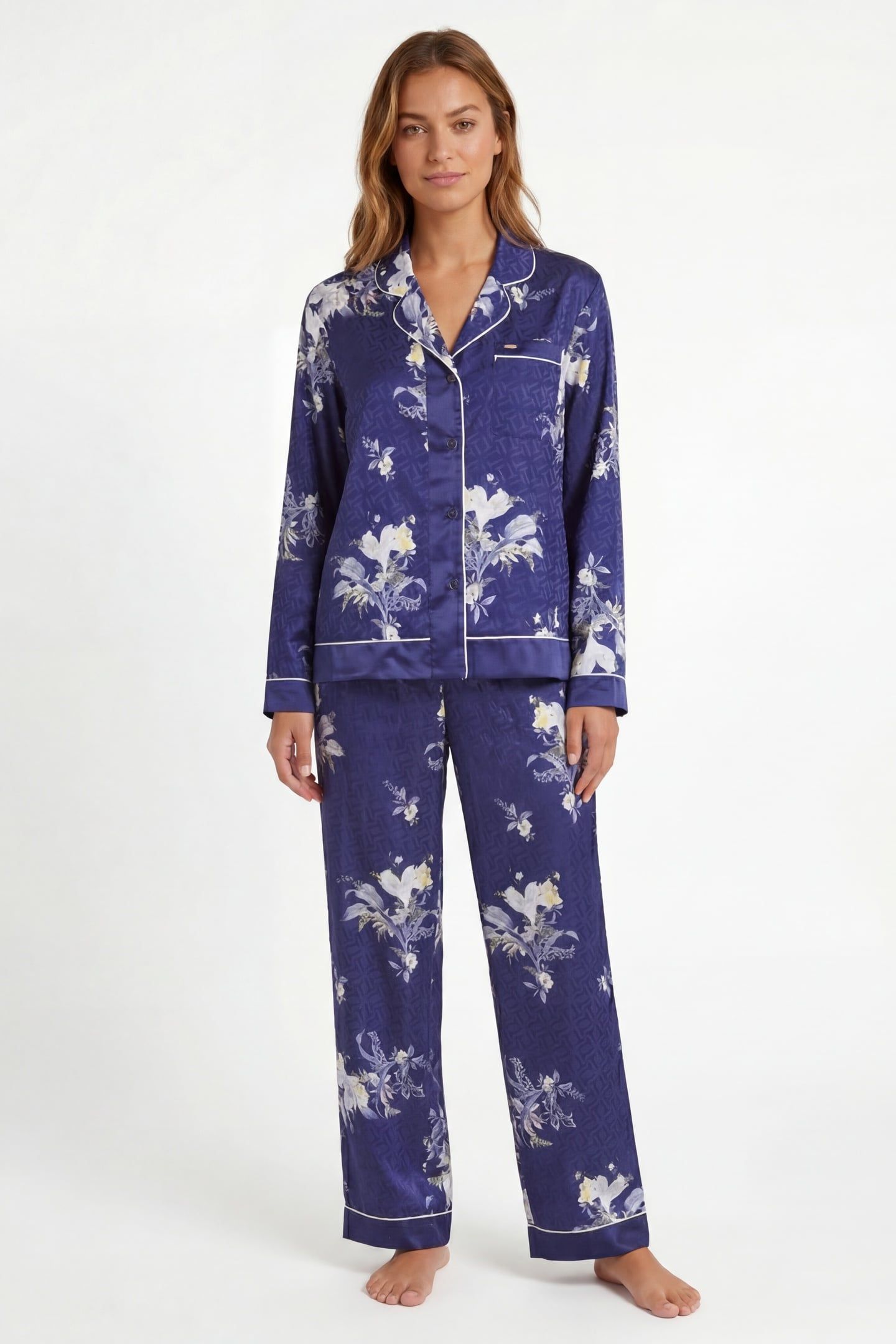 SKY 1PK JQD & PRINT TRADITIONAL SATIN PJ SET NAVY BLUE 1