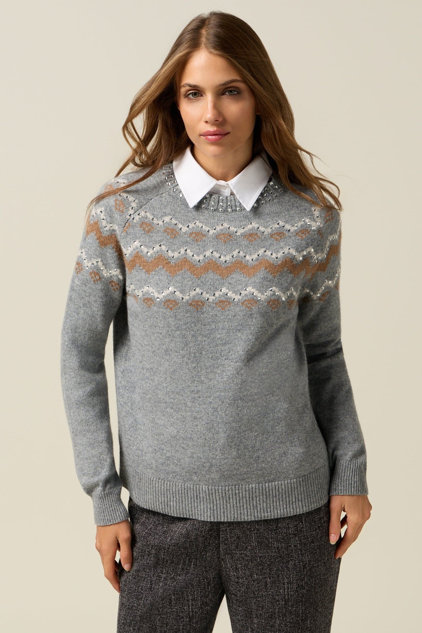 MIXED WOOL JACQUARD SWEATER WITH APPLIQUÉS GREY 1