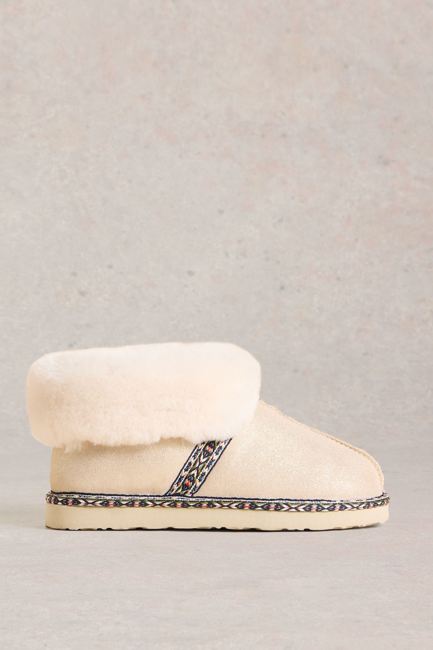 SUEDE SHEARLING SLIPPER BOOT GOLD TONE METALLIC 1