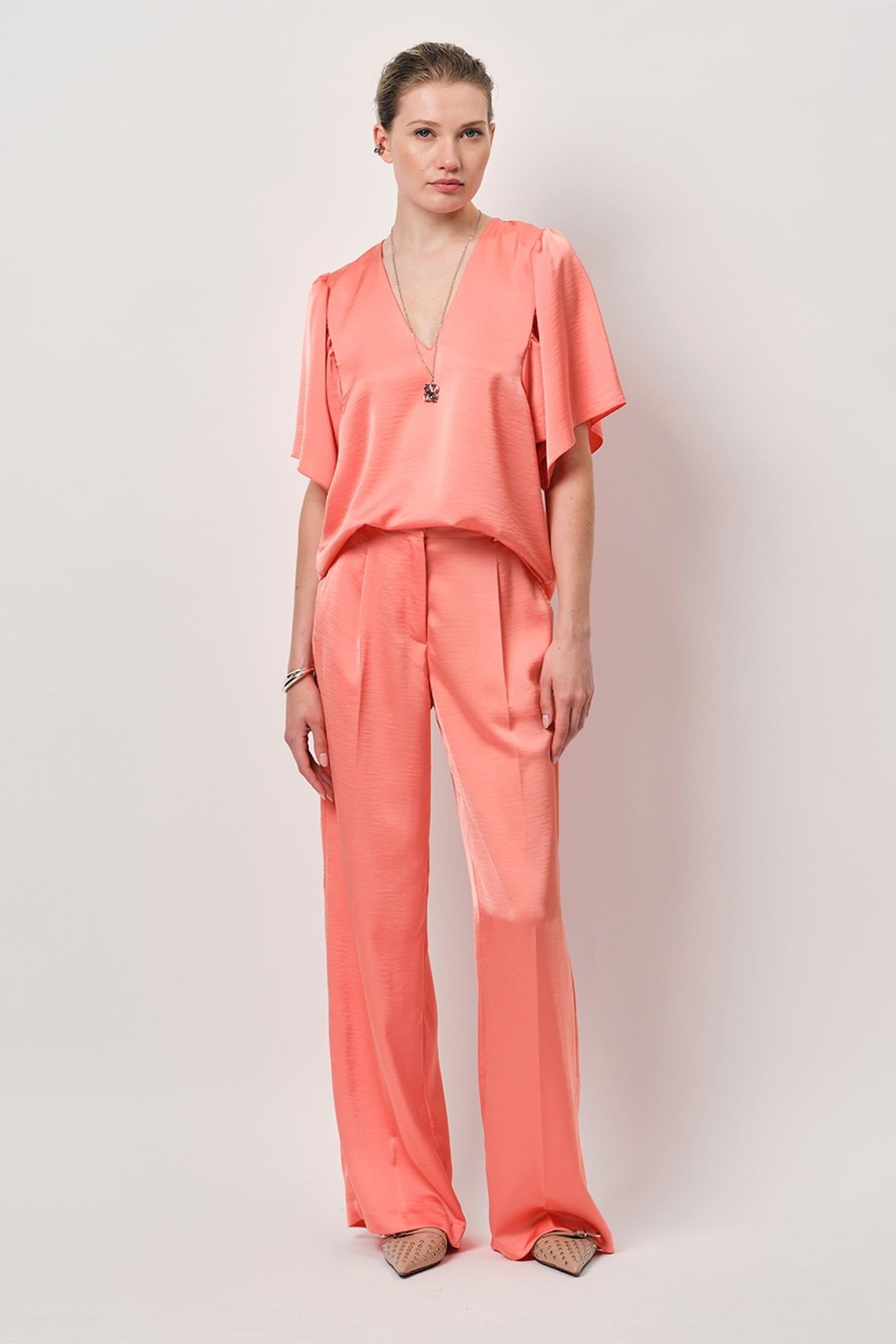 ARVI SATIN BUTTERFLY SLEEVE TOP RADIANT APRICOT 1