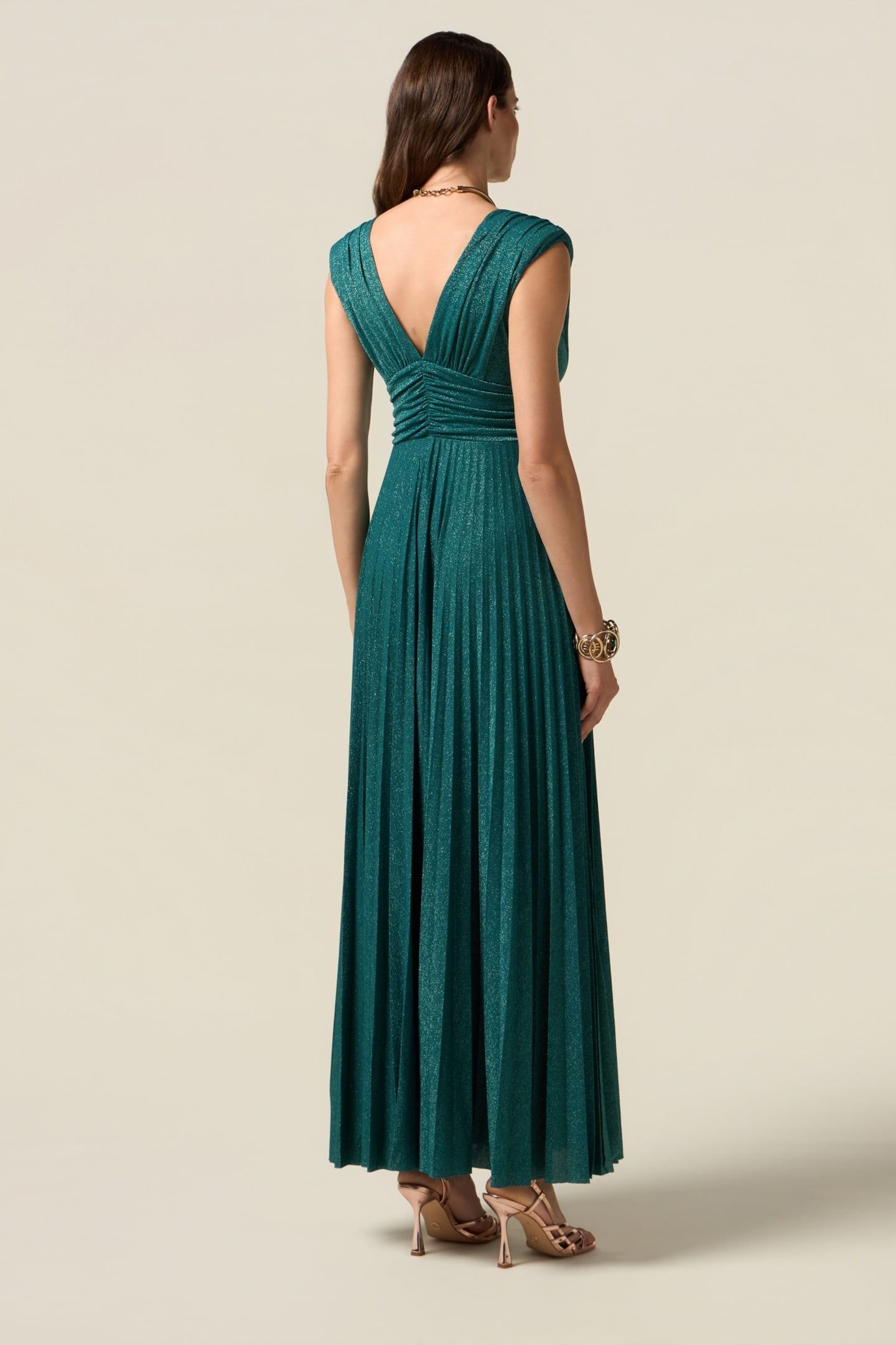 LONG PLEATED DRESS IN LUREX JERSEY TEAL 2