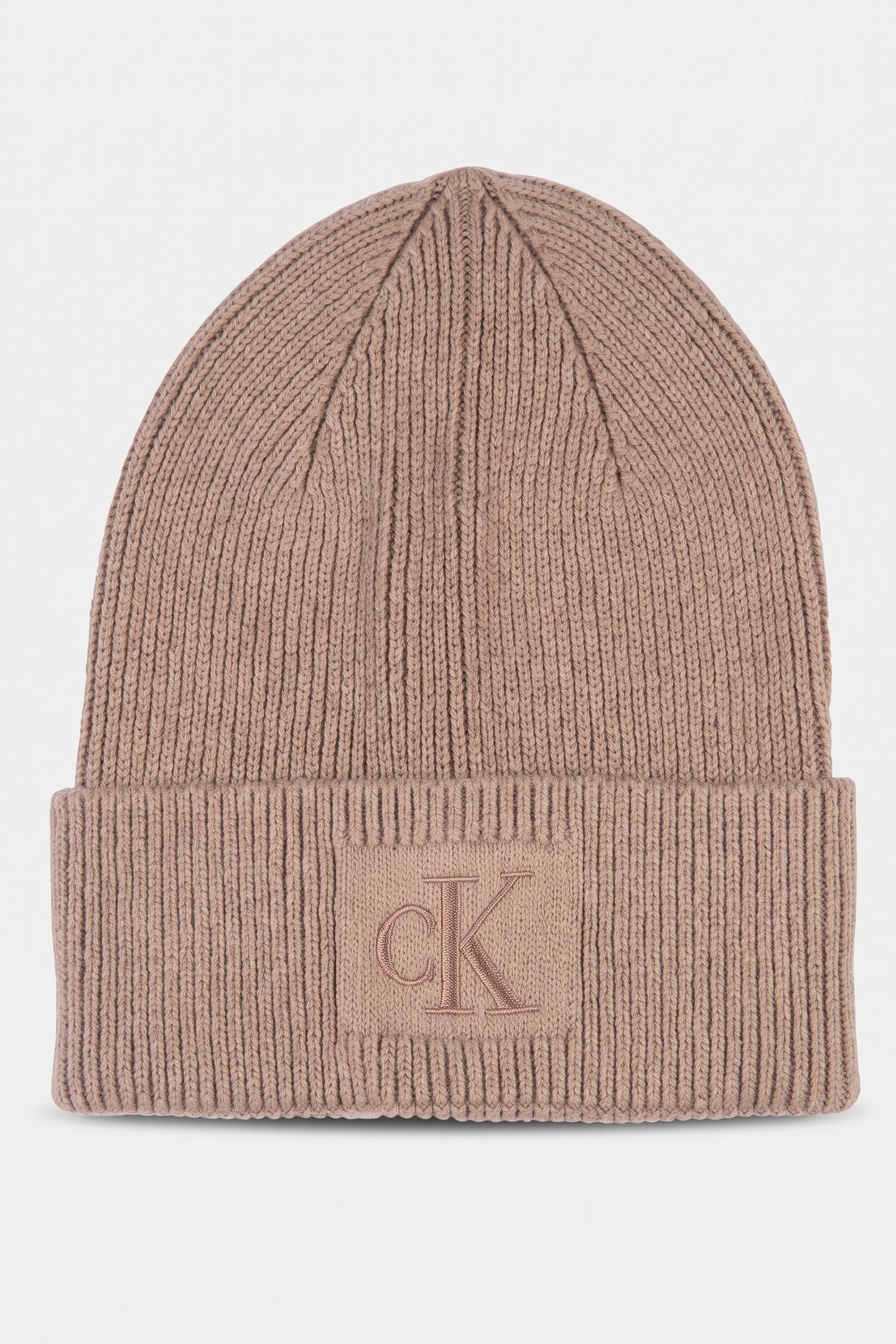 EMBROIDERED RIB COTTON BEANIE DESERT TAUPE 1