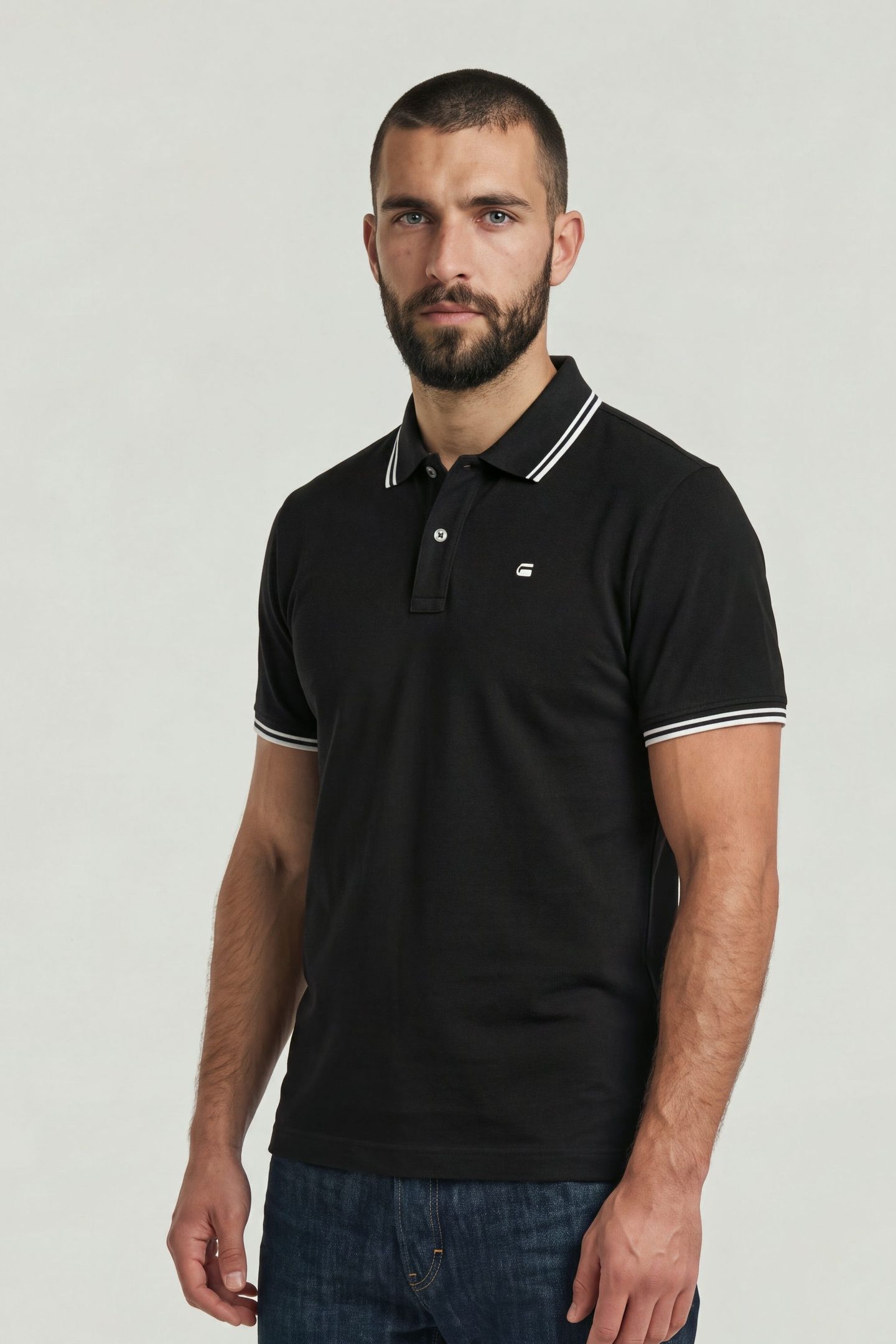 STRIPED COLLAR SLIM POLO S/S BLACK 1
