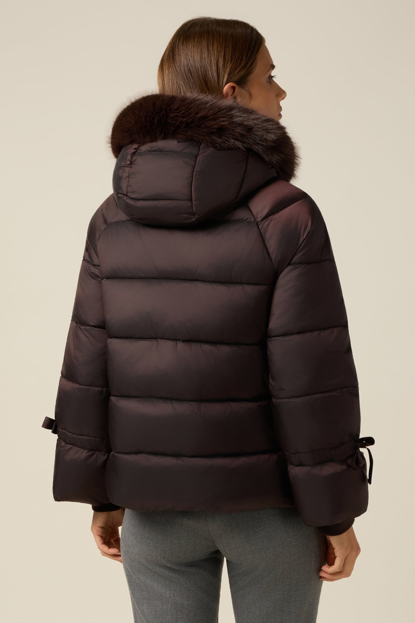 DOWN JACKET WITH HOOD AND FURRY TRIM BROWN 3