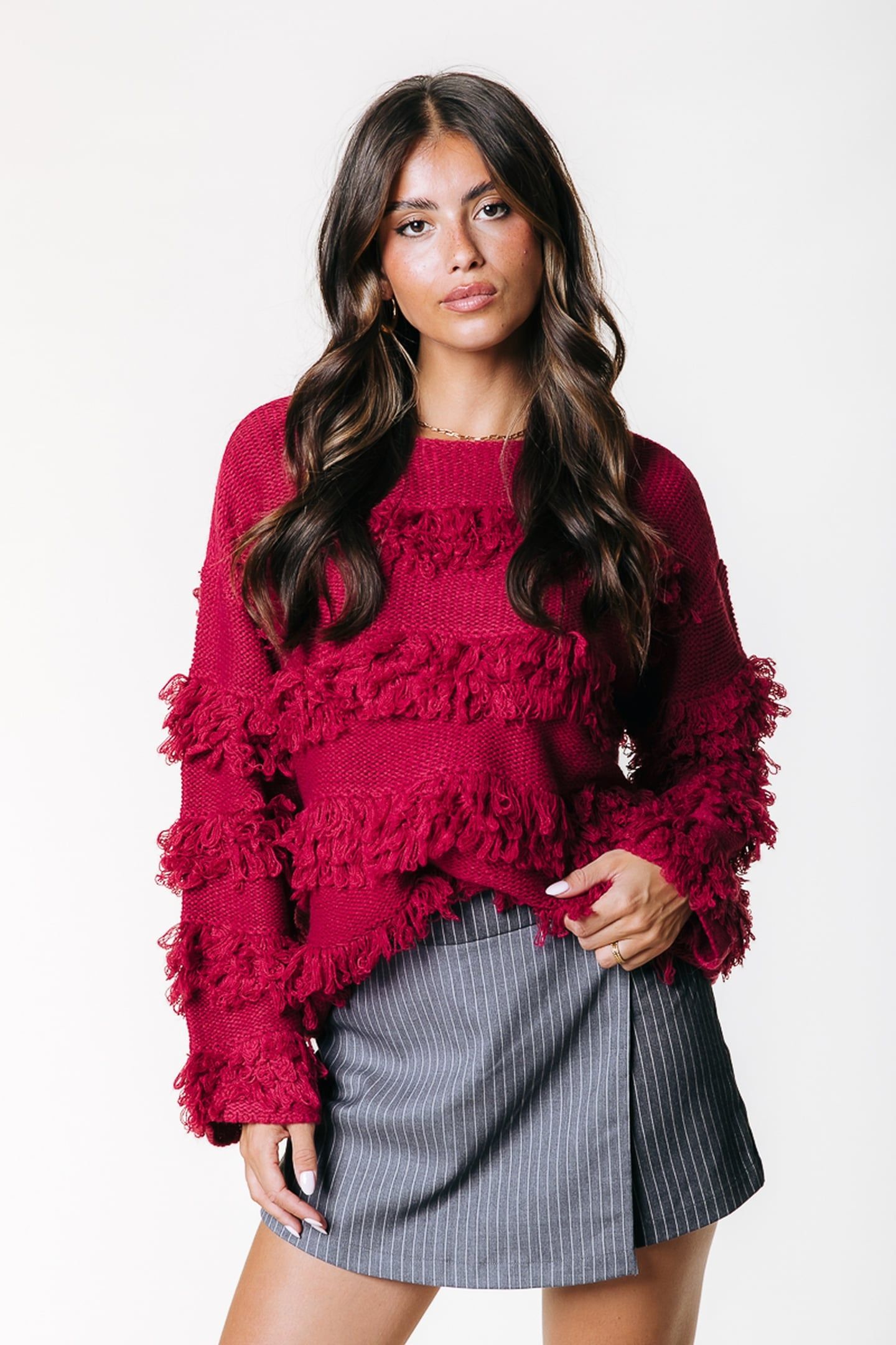 ALBA FRINGE KNITTED SWEATER RASPBERRY WINE 1