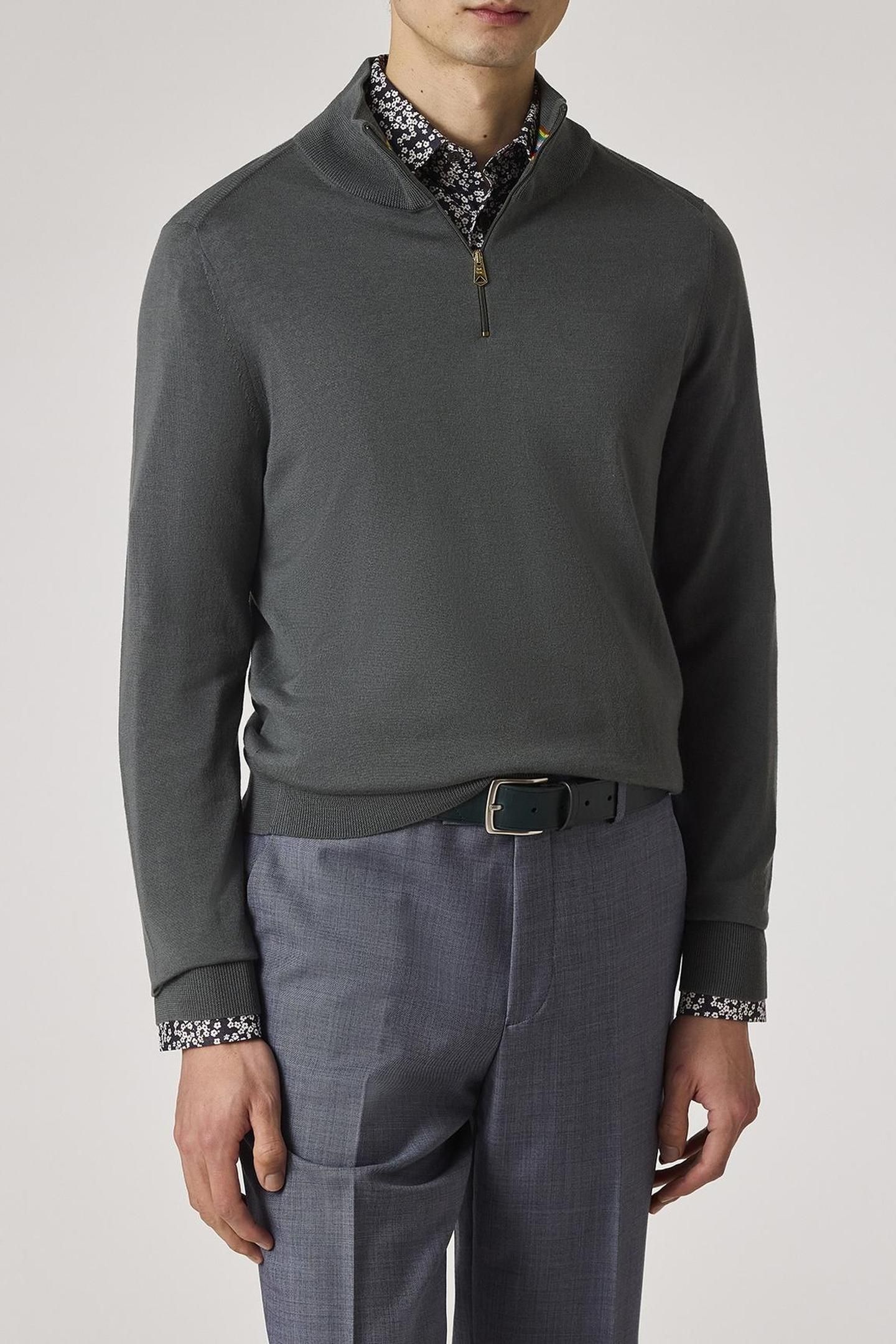 MENS SWEATER ZIP NECK PETROL GREEN 1