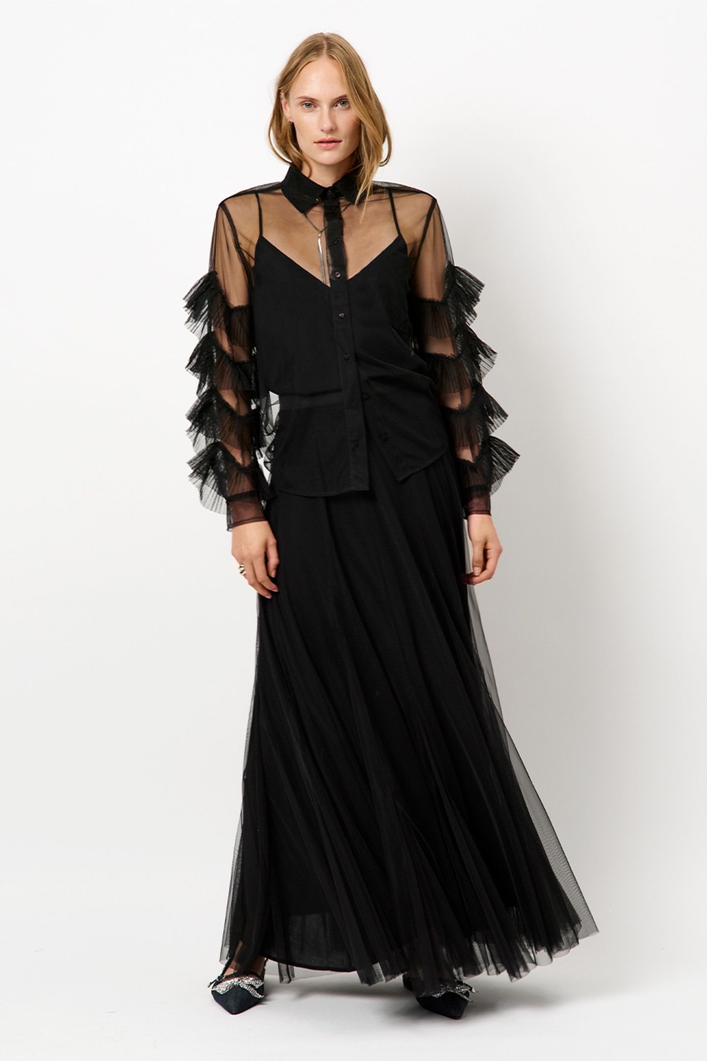 PIERS TULLE RUFFLED SHIRT RAVEN 1