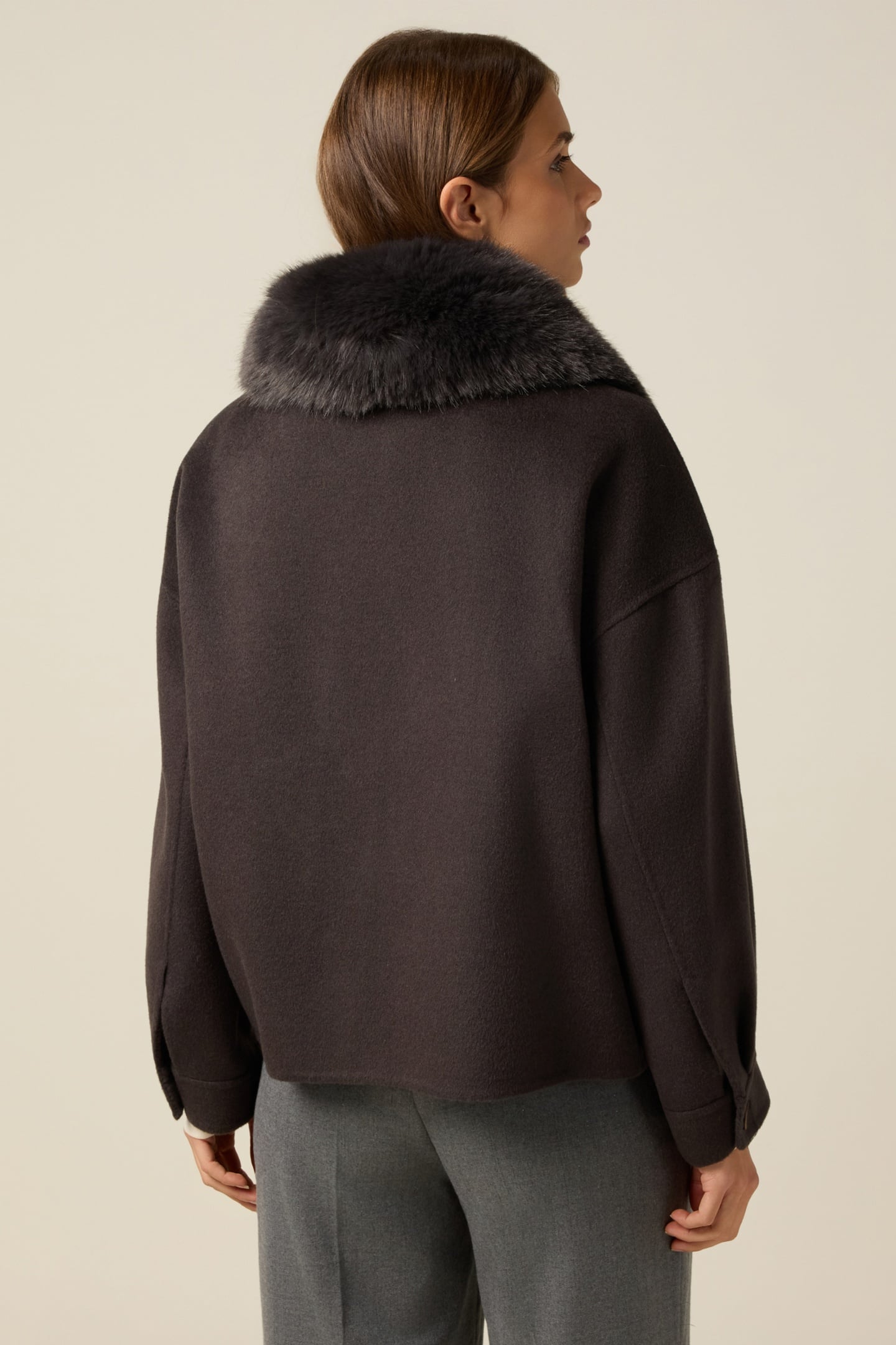 SHORT MIXED WOOL COAT WITH FURRY COLLAR BROWN 2