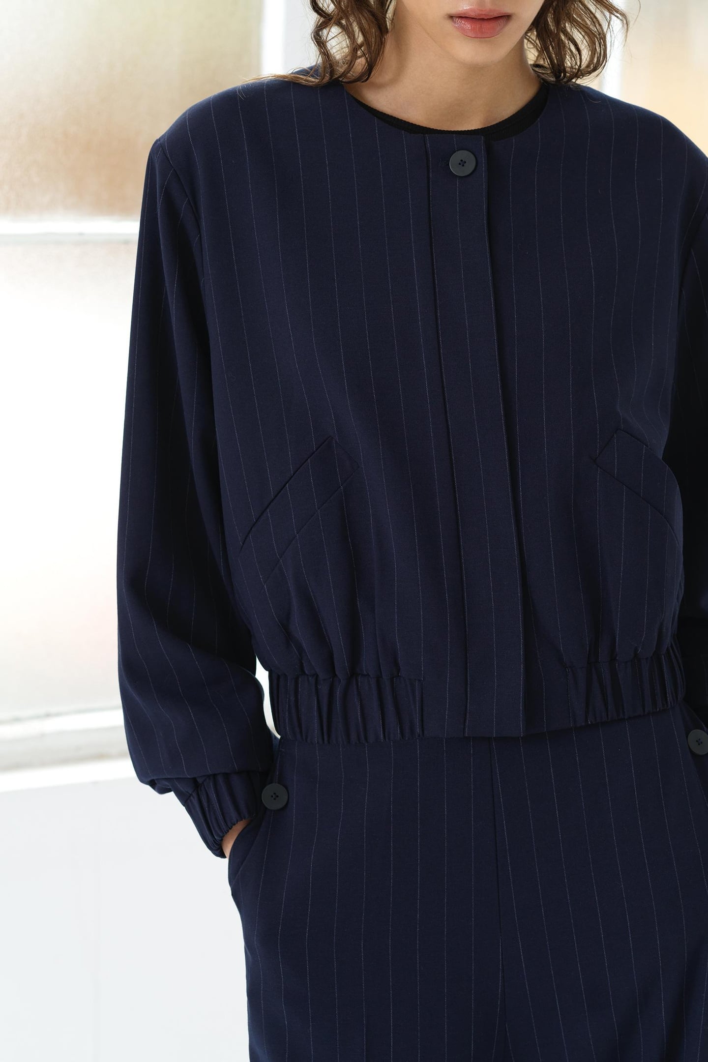ALIA PINSTRIPE BOMBER JACKET NAVY/LINEN WHITE 3
