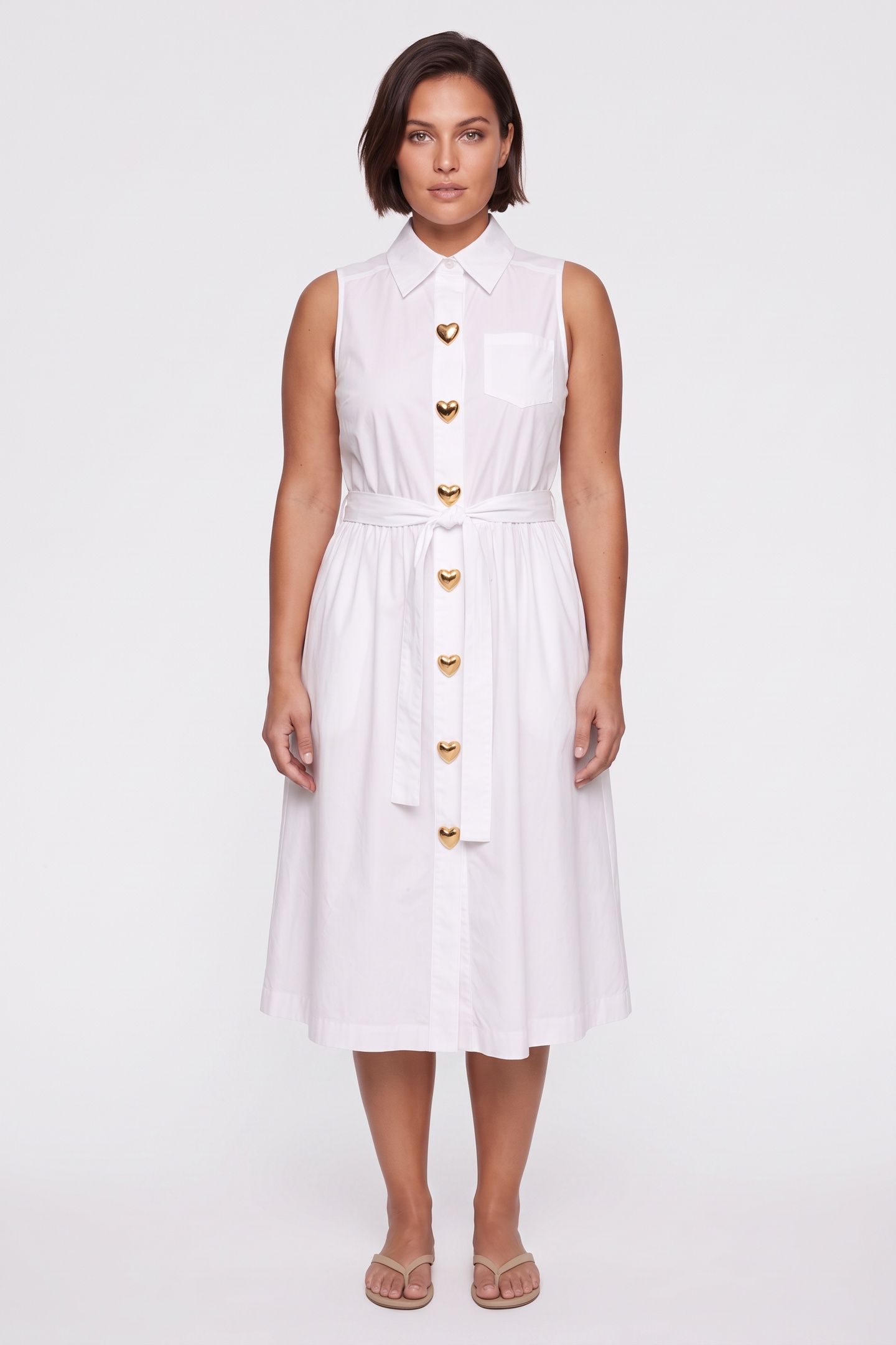 HEART BUTTONS STRETCH POPLIN DRESS WHITE 1