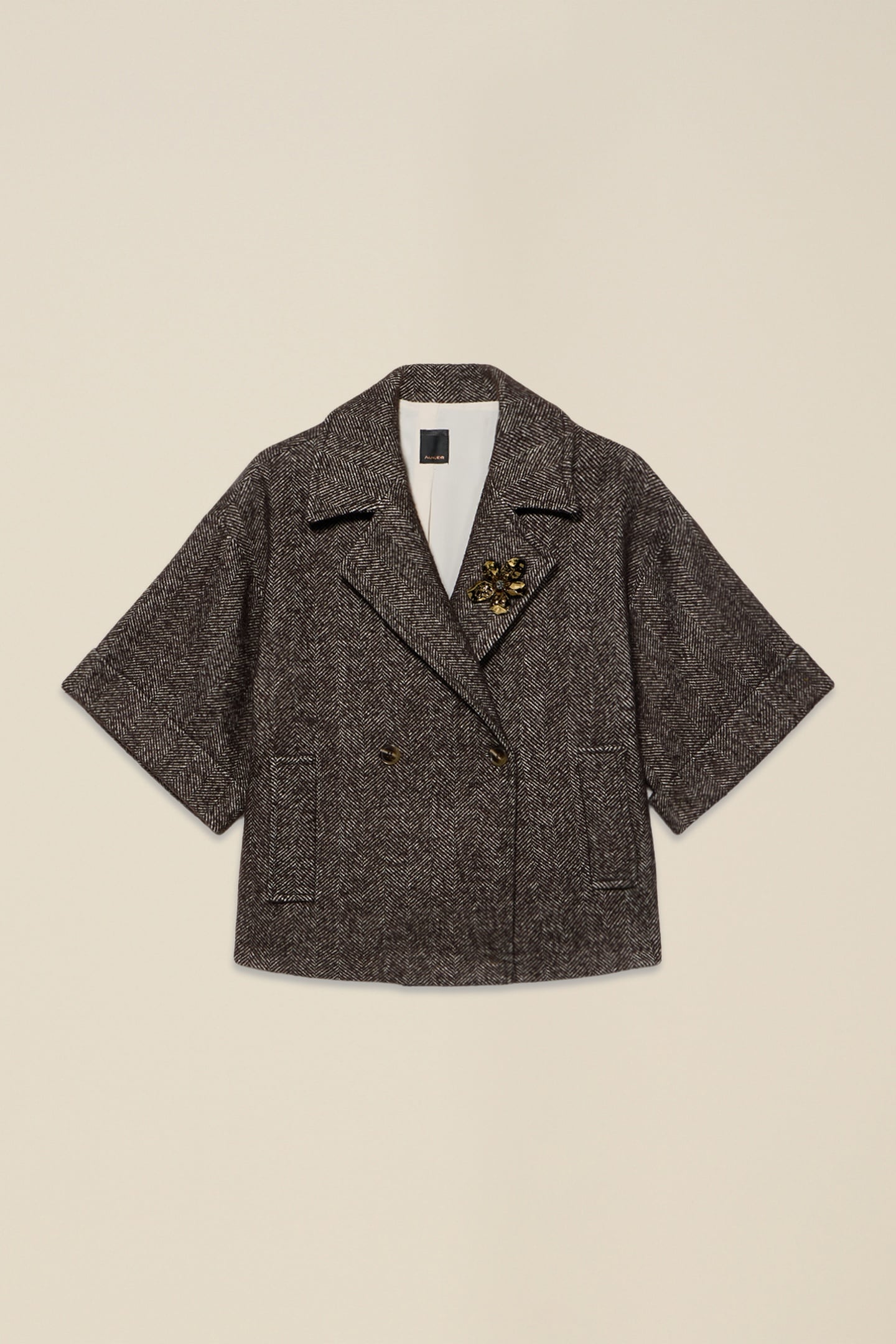 DOUBLE-BREASTED WOOL BLEND CAPE WITH BROOCH BROWN 3