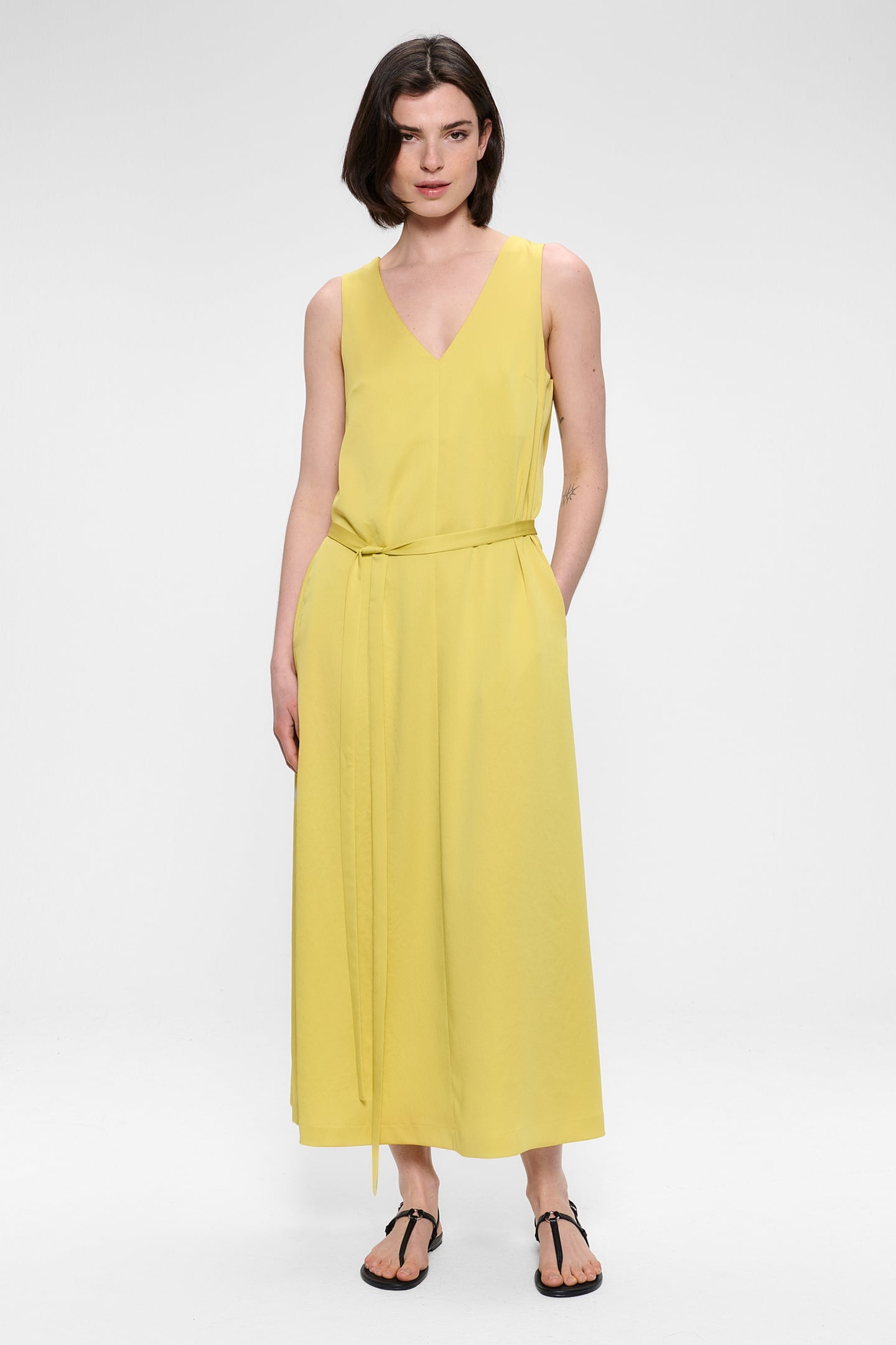 WASHED SATIN V-NECK DRESS LIMONCELLO 1