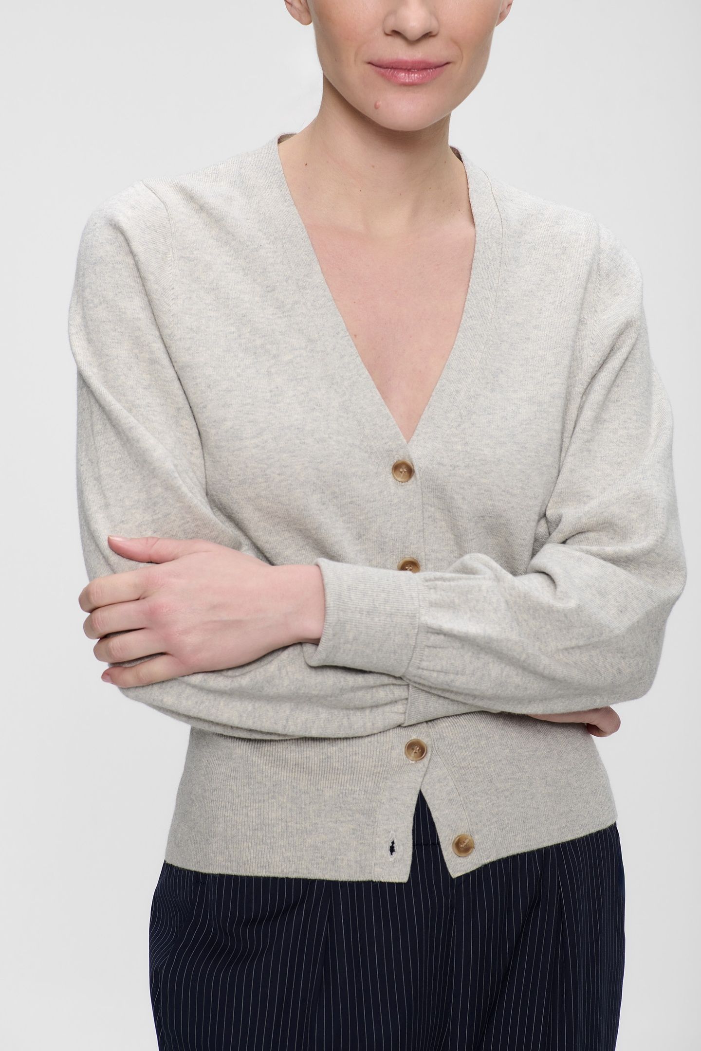 COTTON CASHMERE V-NECK CARDI LIGHT GREY MELANGE 1