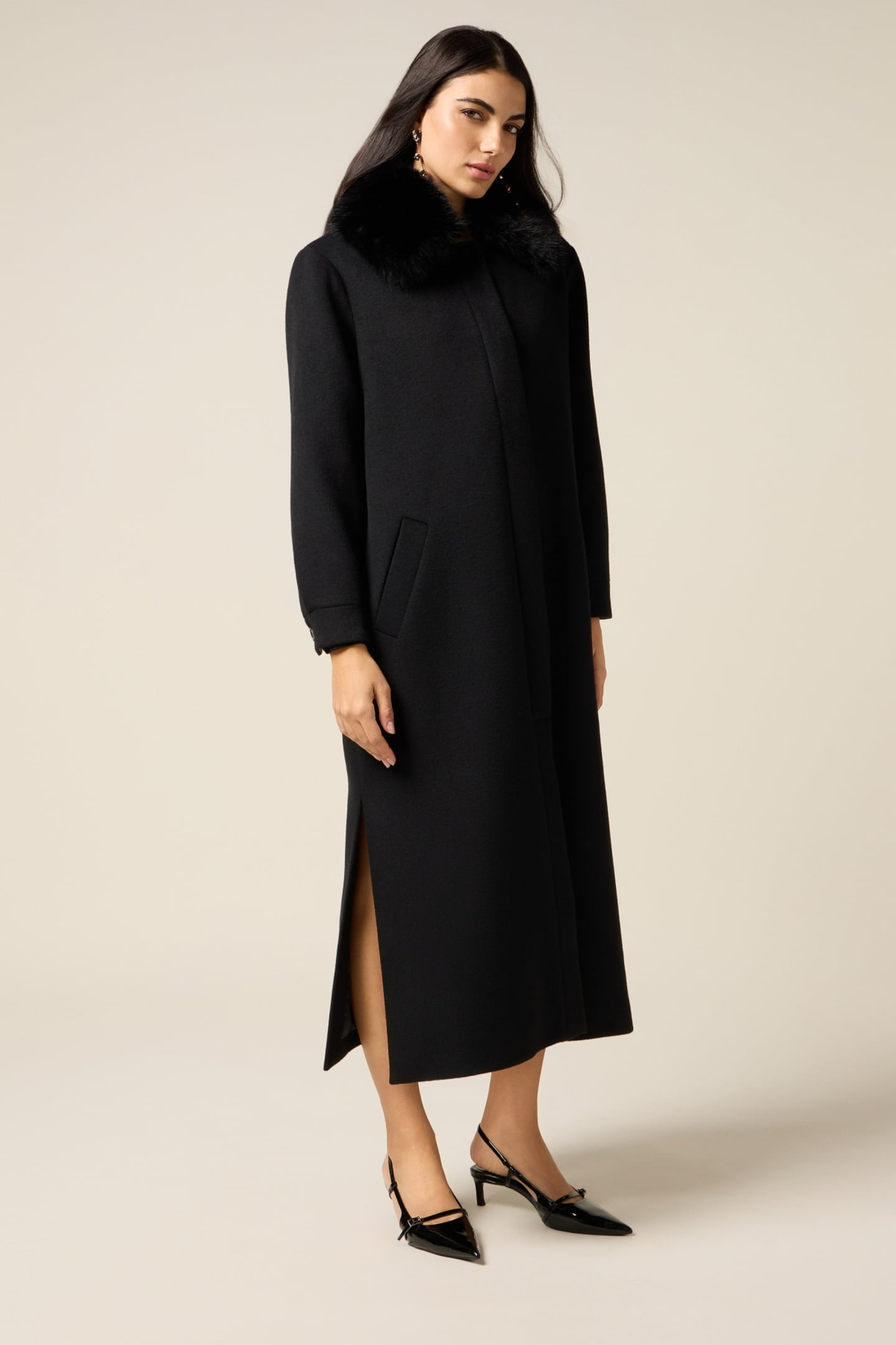 LONG MIXED WOOL COAT WITH FURRY COLLAR BLACK 1