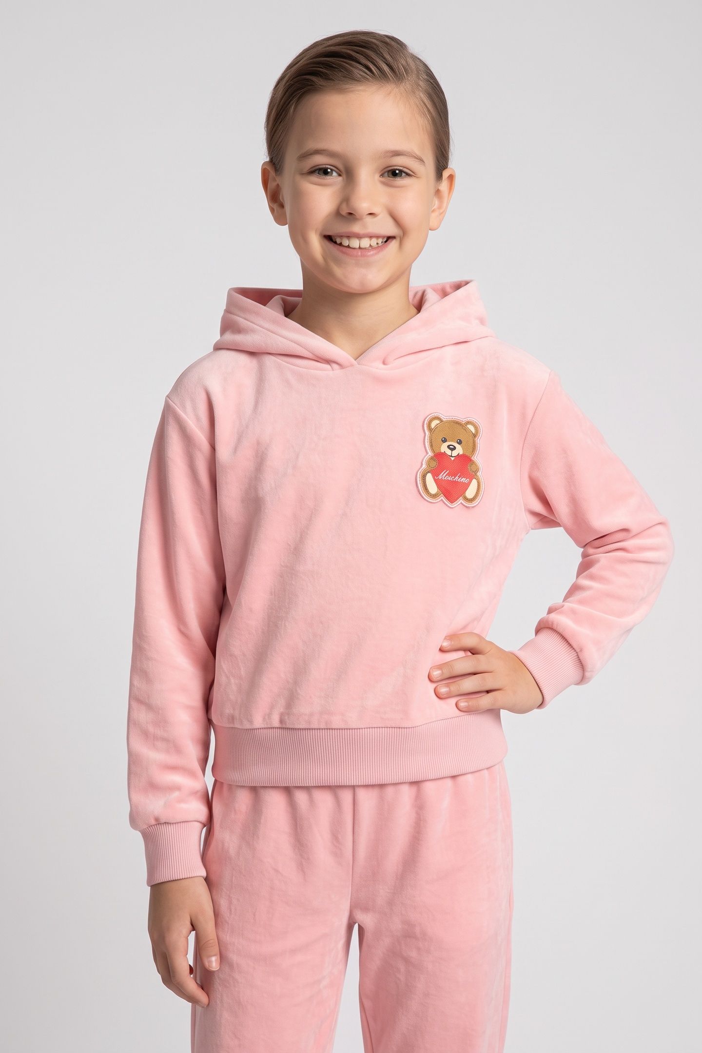 GIRL'S HEART TEDDY BEAR FLEECE JUMPSUIT SET PINK 1