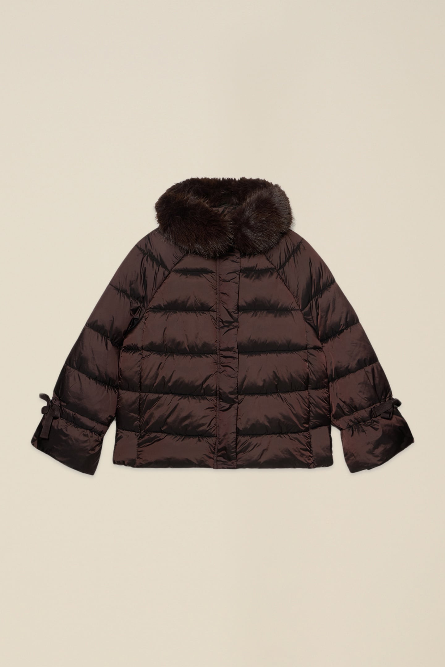 DOWN JACKET WITH HOOD AND FURRY TRIM BROWN 4