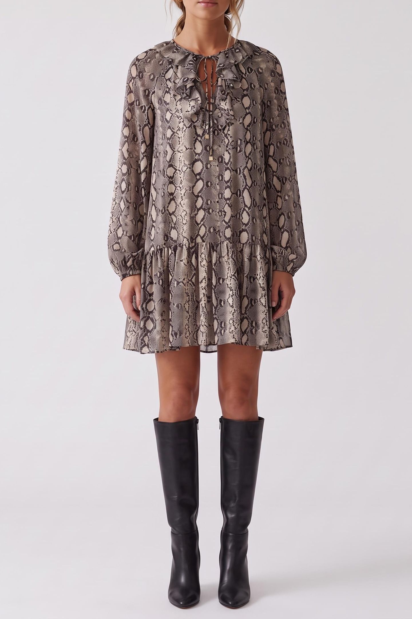 SNAKE LS RUFFLE MINI DRESS SOFT ECRU 3
