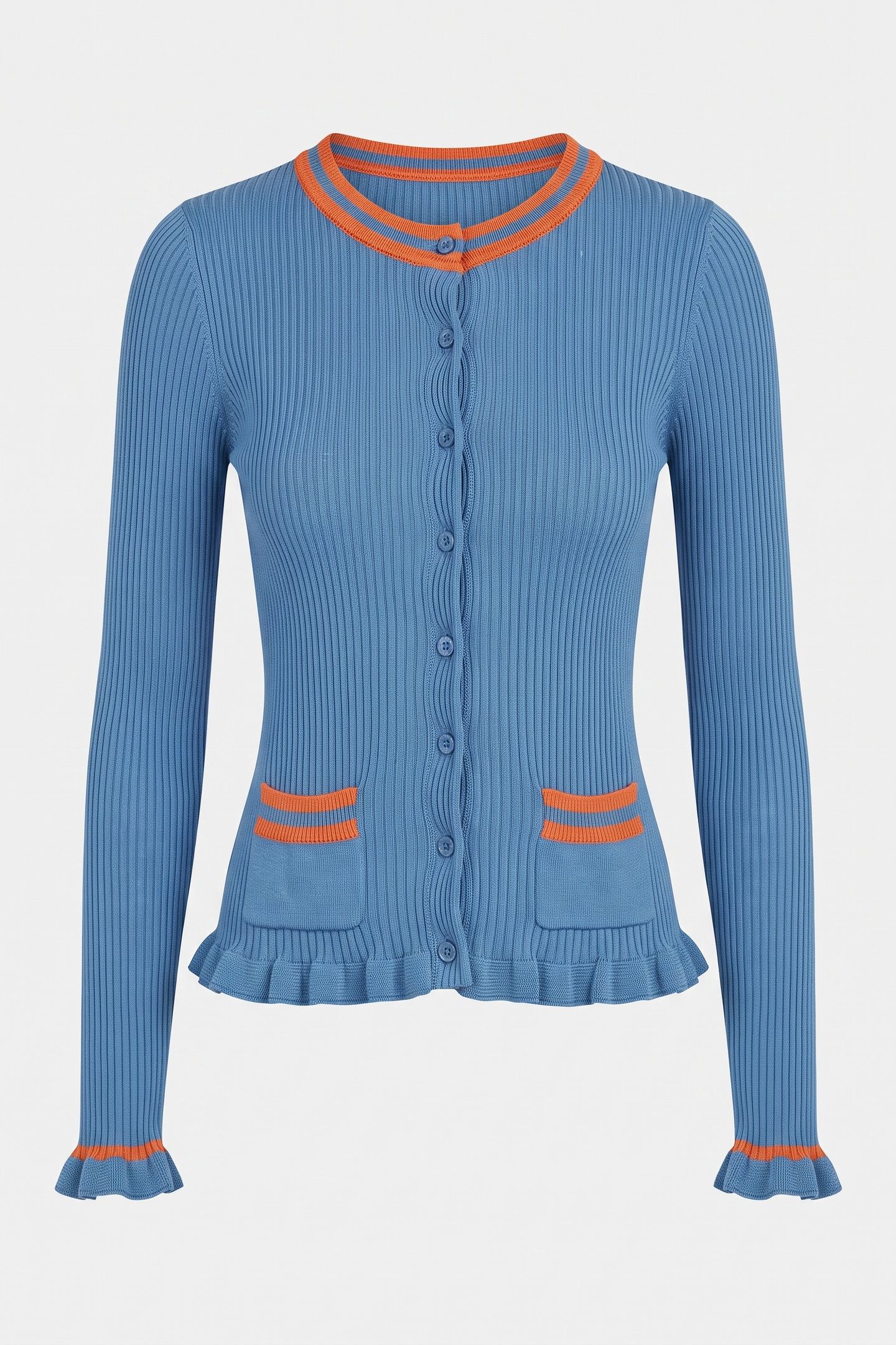 STRIPED DETAILS RIBBED KNIT CARDIGAN BLUE 3