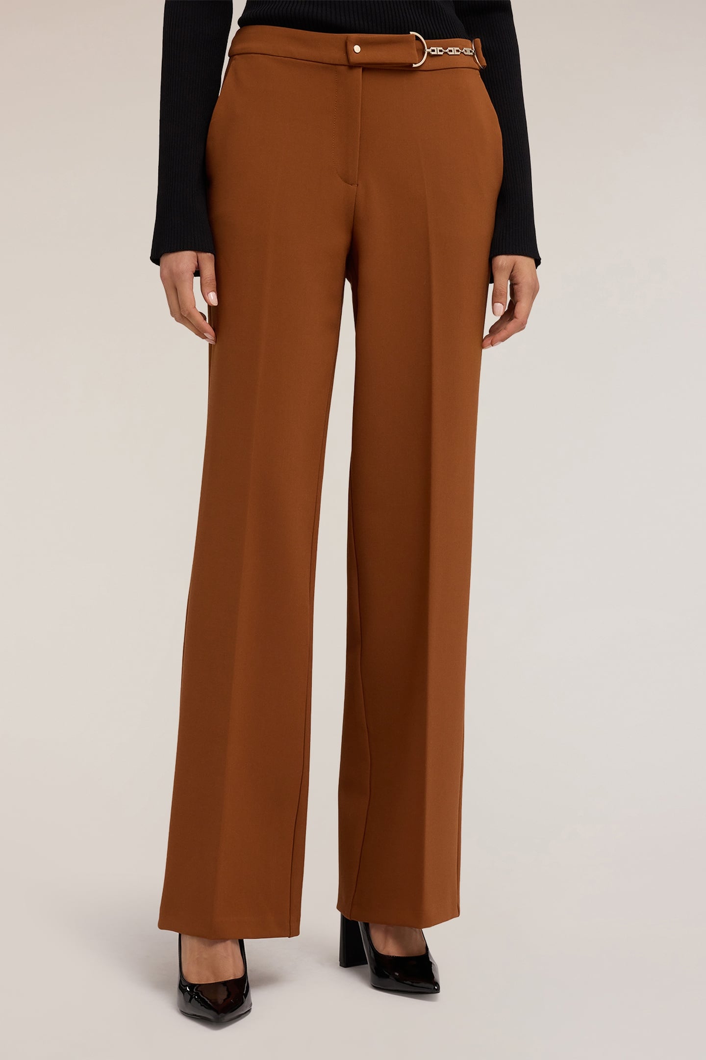 WIDE-LEG PALAZZO PANTS WITH METAL BELT LOOP BROWN 1
