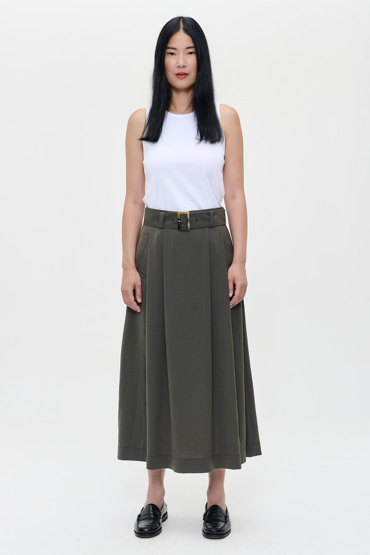 JAPANESE CREPE PLEATED SKIRT GREEN KELP 1
