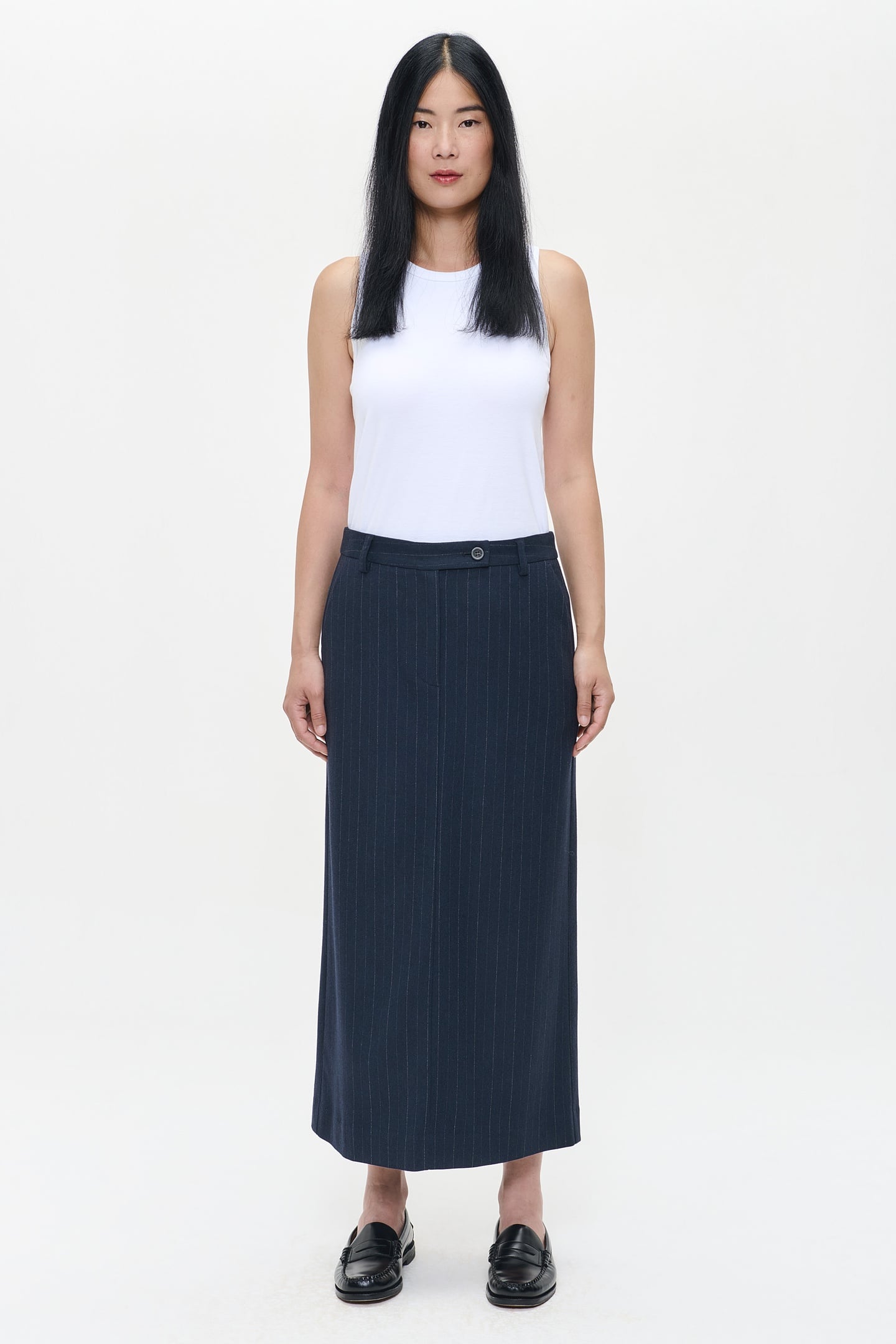 PIN STRIPE LONG STRAIGHT SKIRT MIDNIGHT BLUE 2