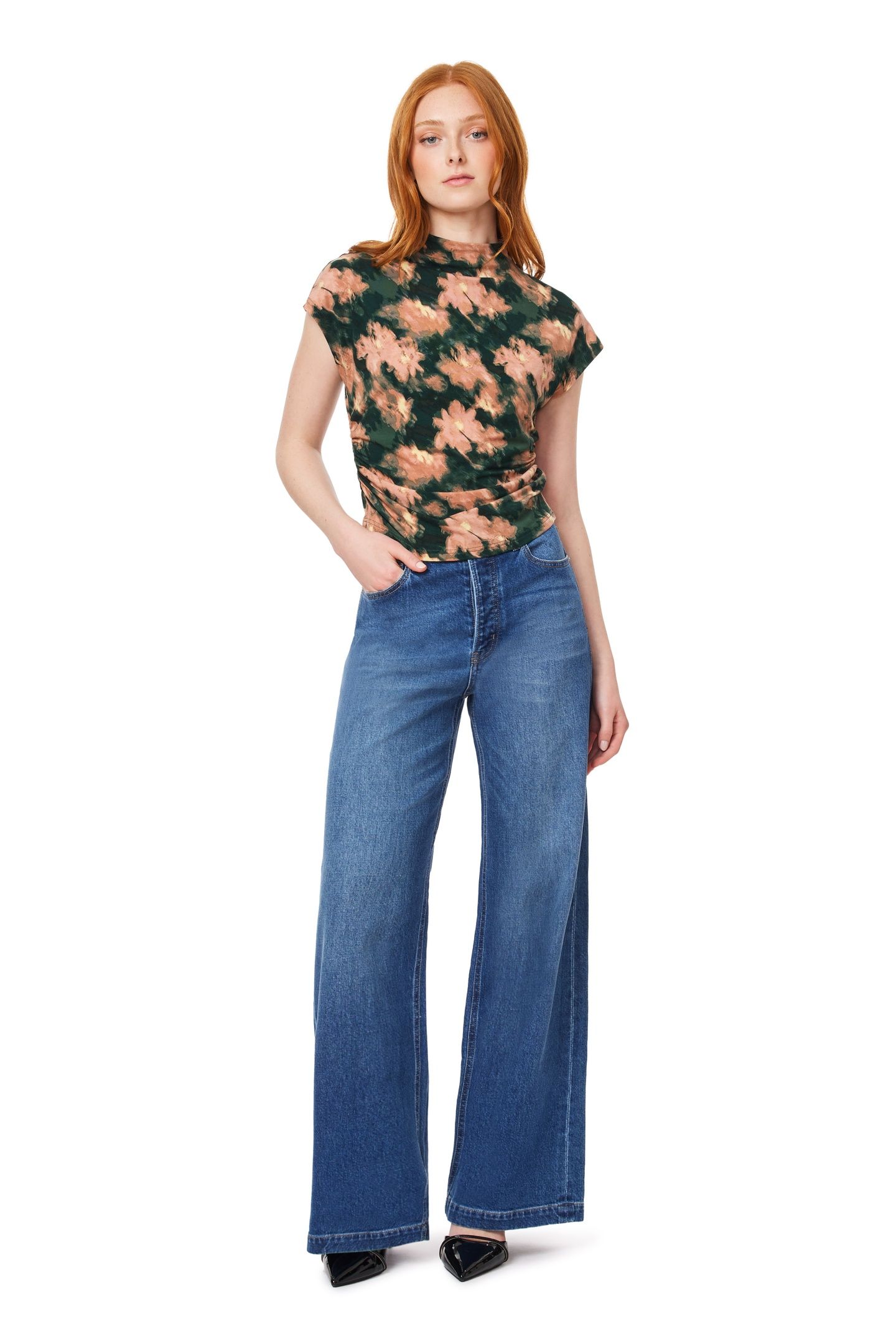 DOLMAN FUNNEL NECK TOP SCARAB BLURRED FLORAL 5