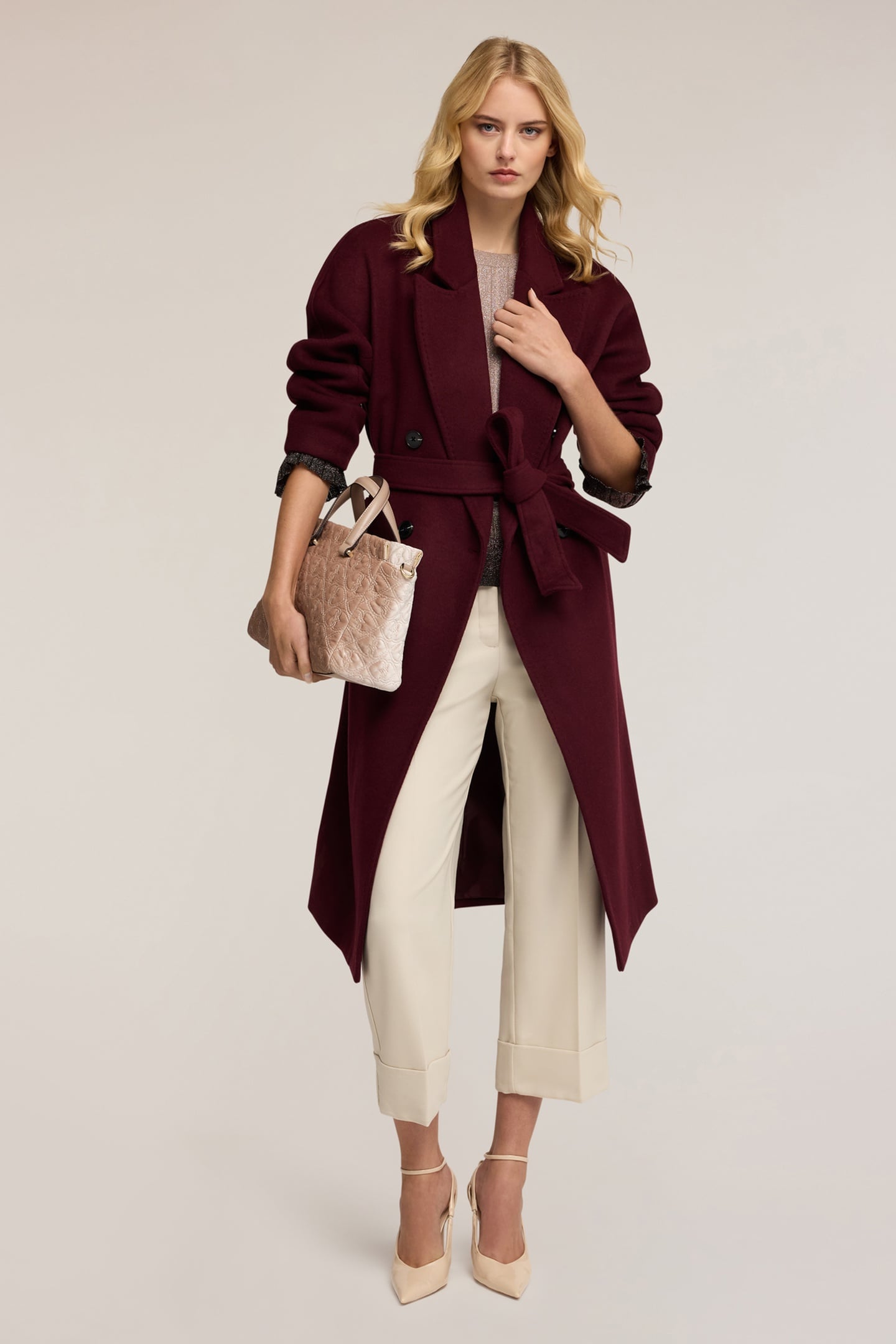 DOUBLE-BREASTED COAT IN WOOL BLEND DRAP BURGUNDY 1