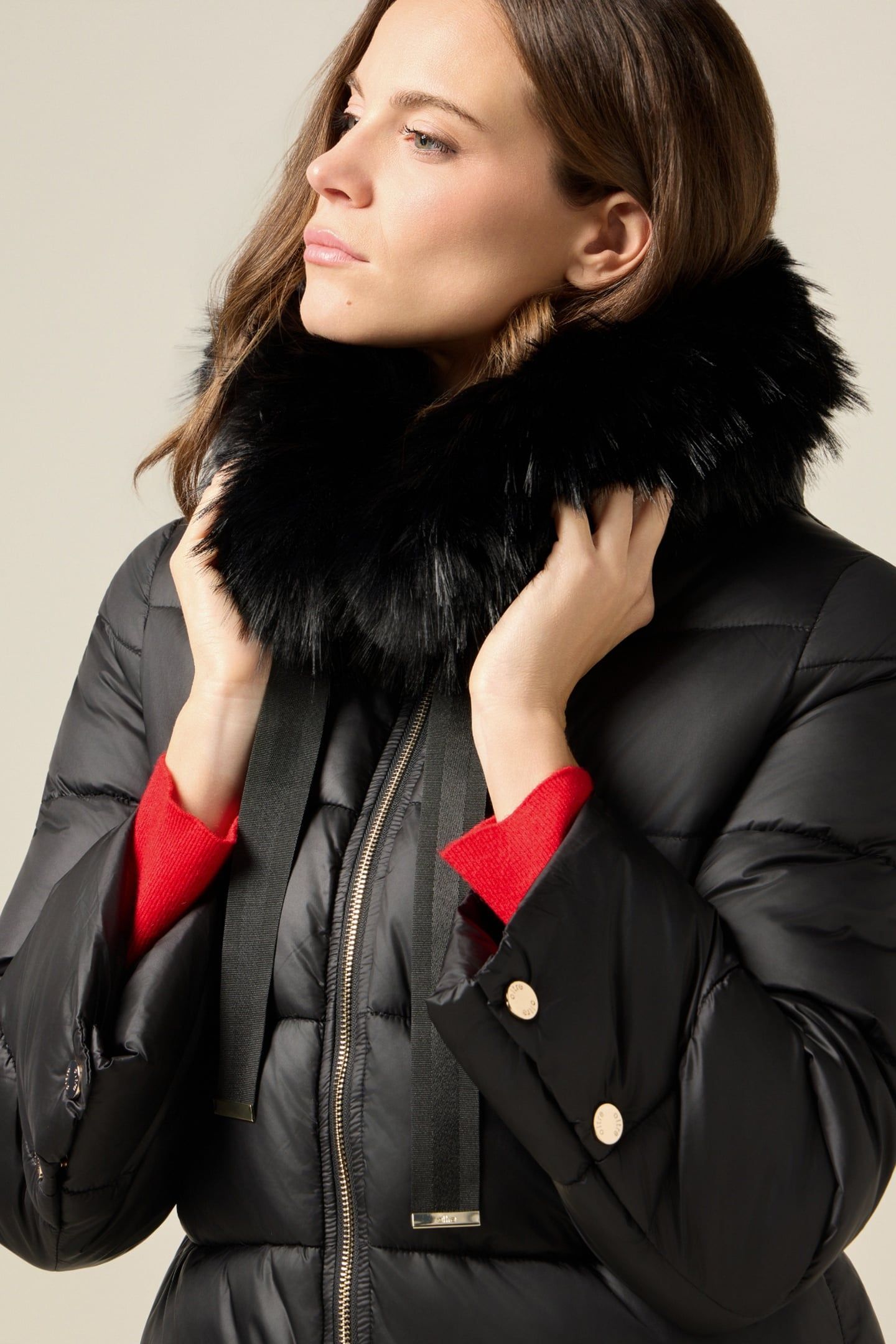 MIDI DOWN JACKET WITH HOOD AND FURRY TRIM BLACK 4