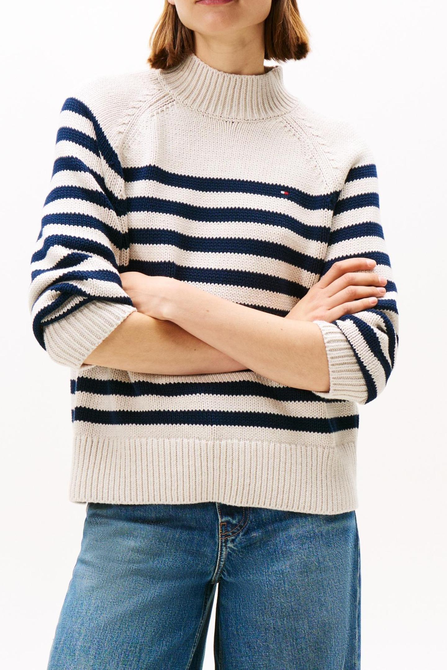 COTTON BLEND MOCK-NECK HEATHER OATMILK/DARK NAVY ENG 3