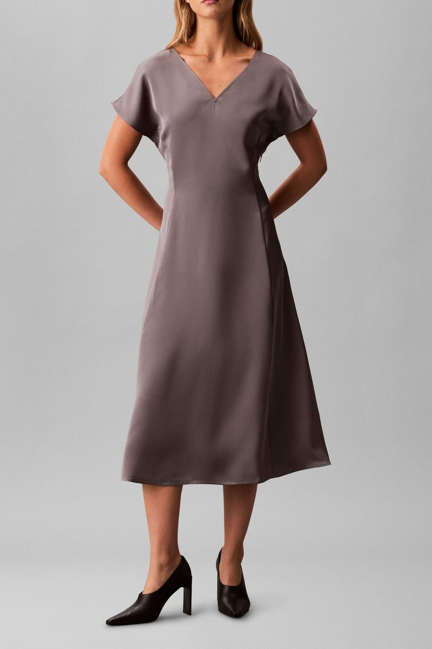 MATTE SHINE SATIN DRESS PEWTER 1