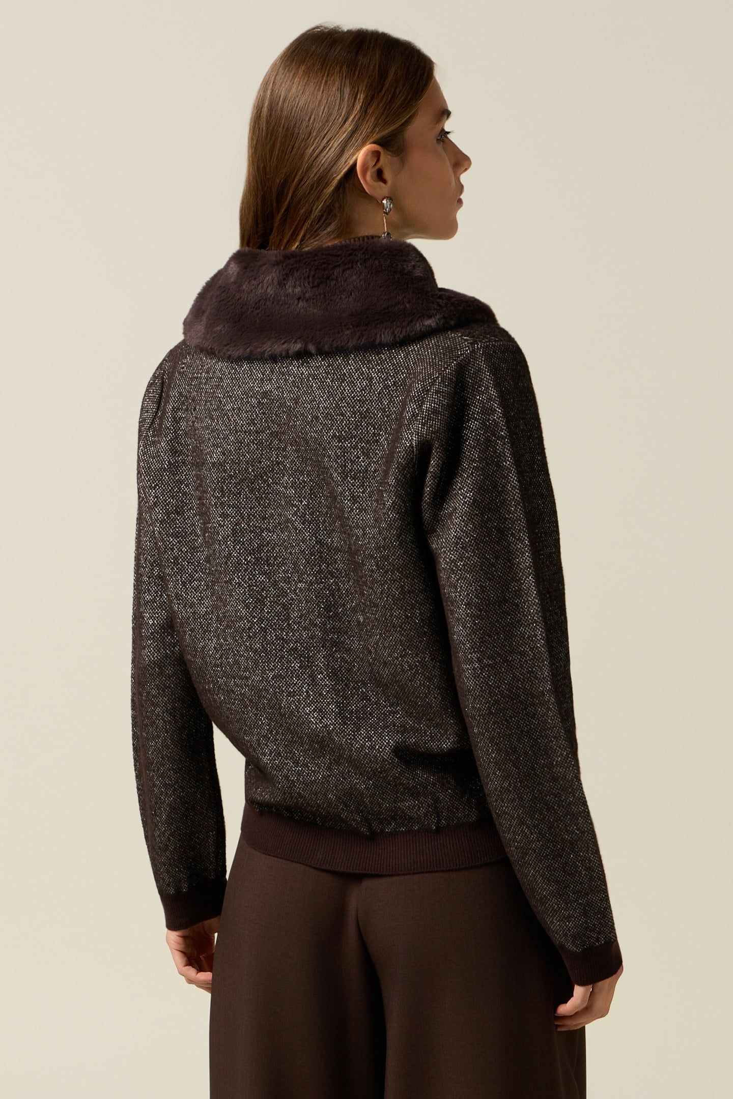 MIXED WOOL KNIT BOMBER WITH PLUSH EFFECT COLLAR BROWN 2