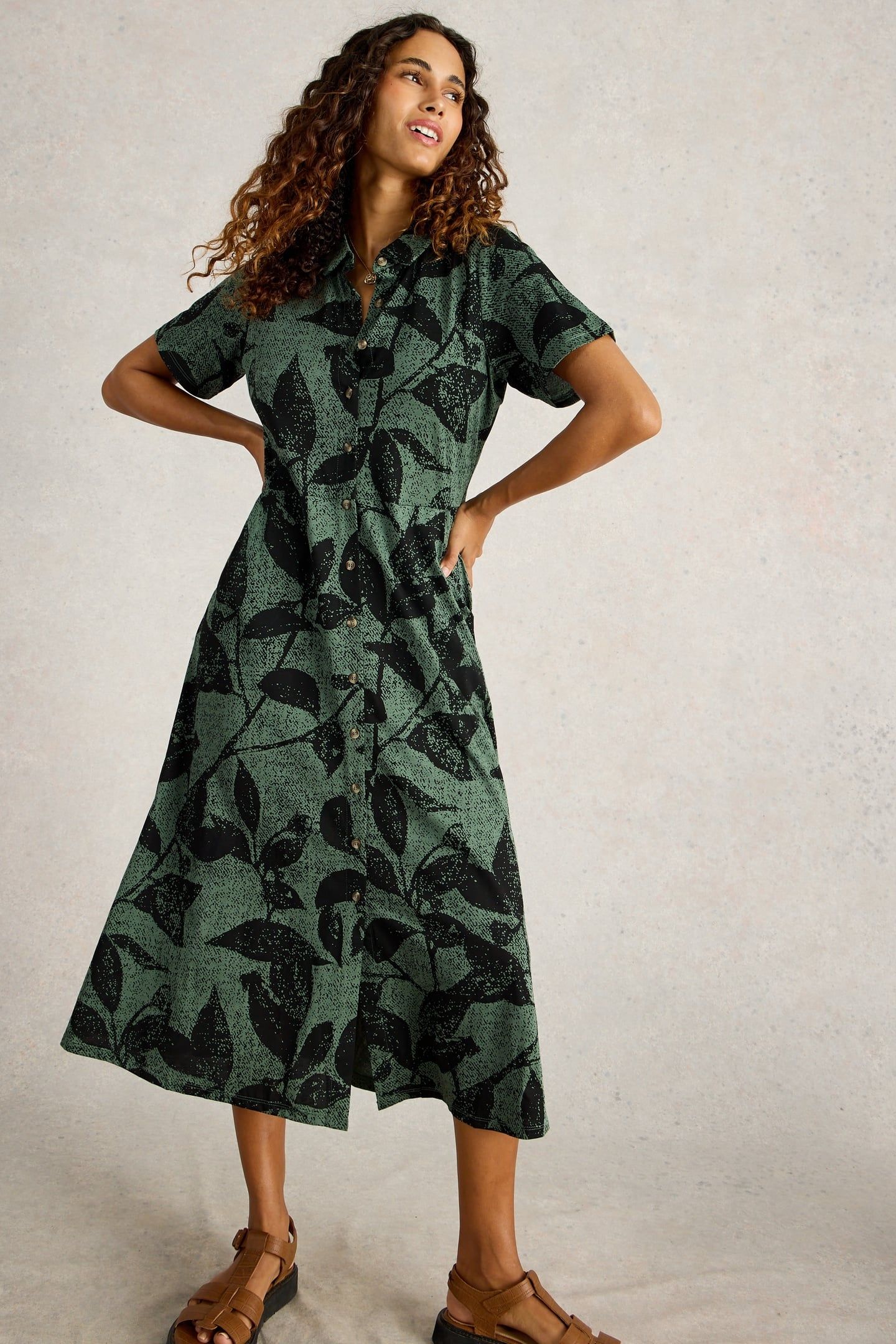 RUA JERSEY SHIRT DRESS GREEN PRINT 1