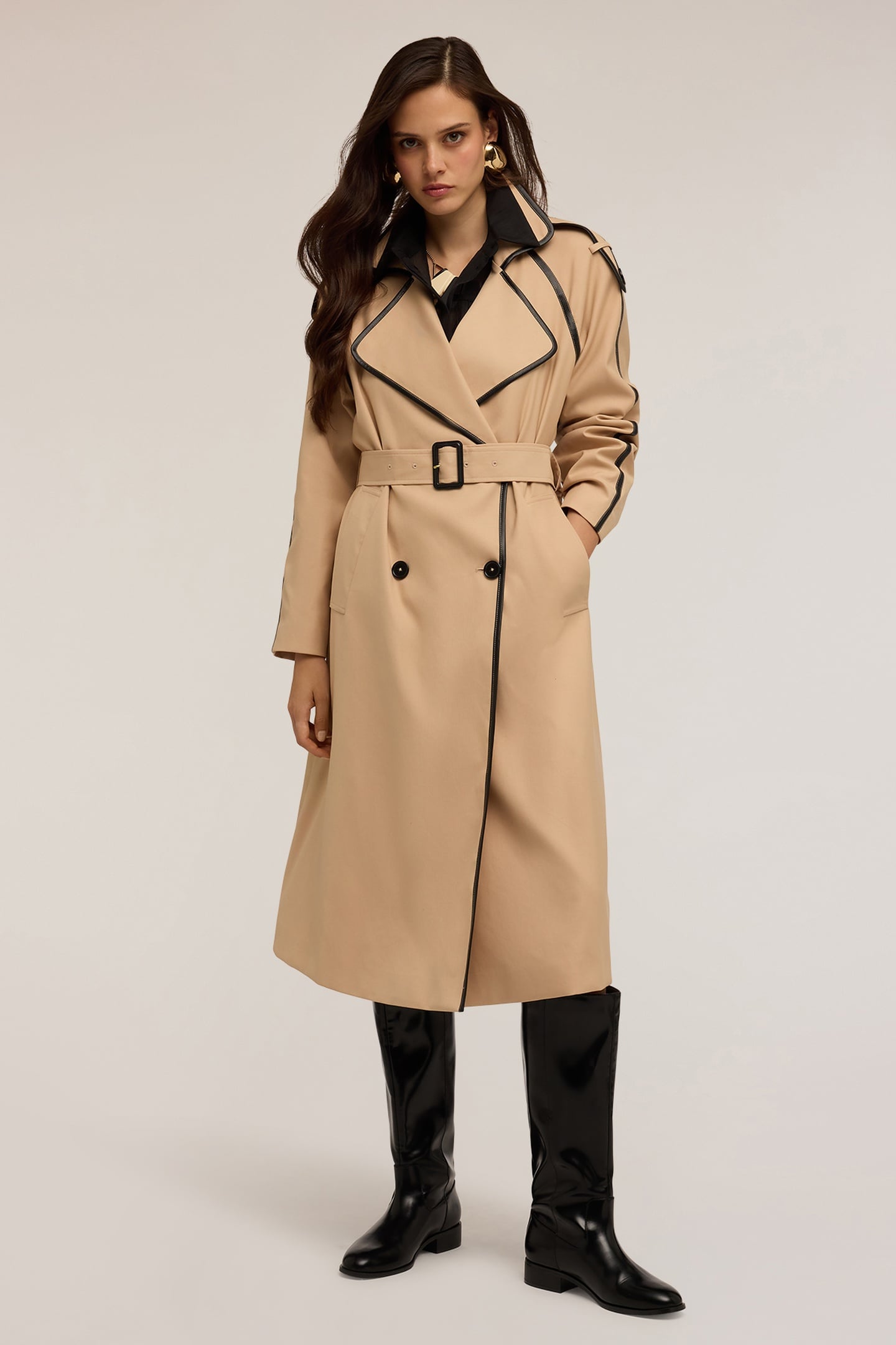 DOUBLE-BREASTED TRENCH COAT WITH TRIMMINGS BEIGE 1