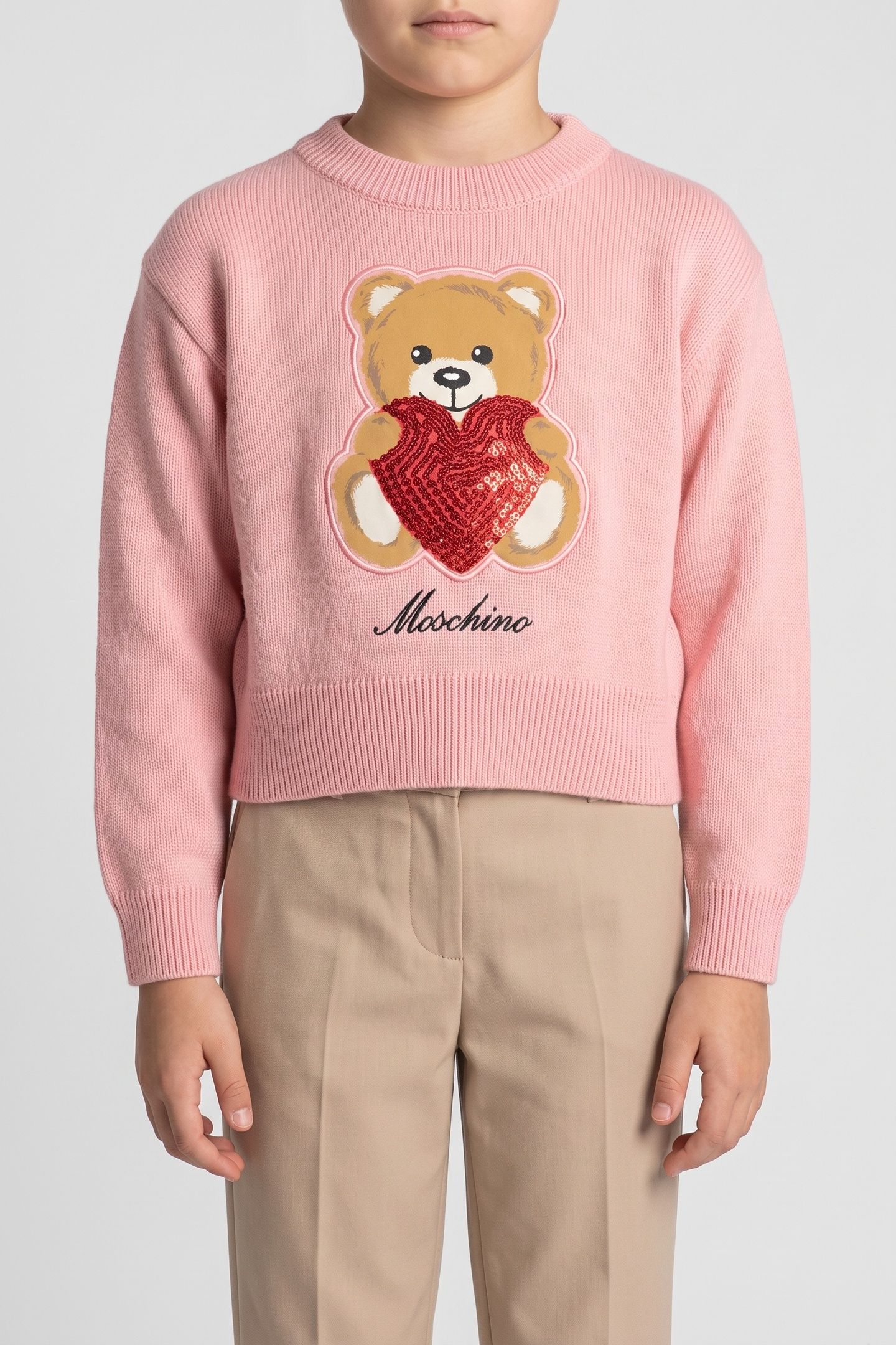 GIRL'S HEART TEDDY BEAR WOOL AND COTTON PULLOVER PINK 1