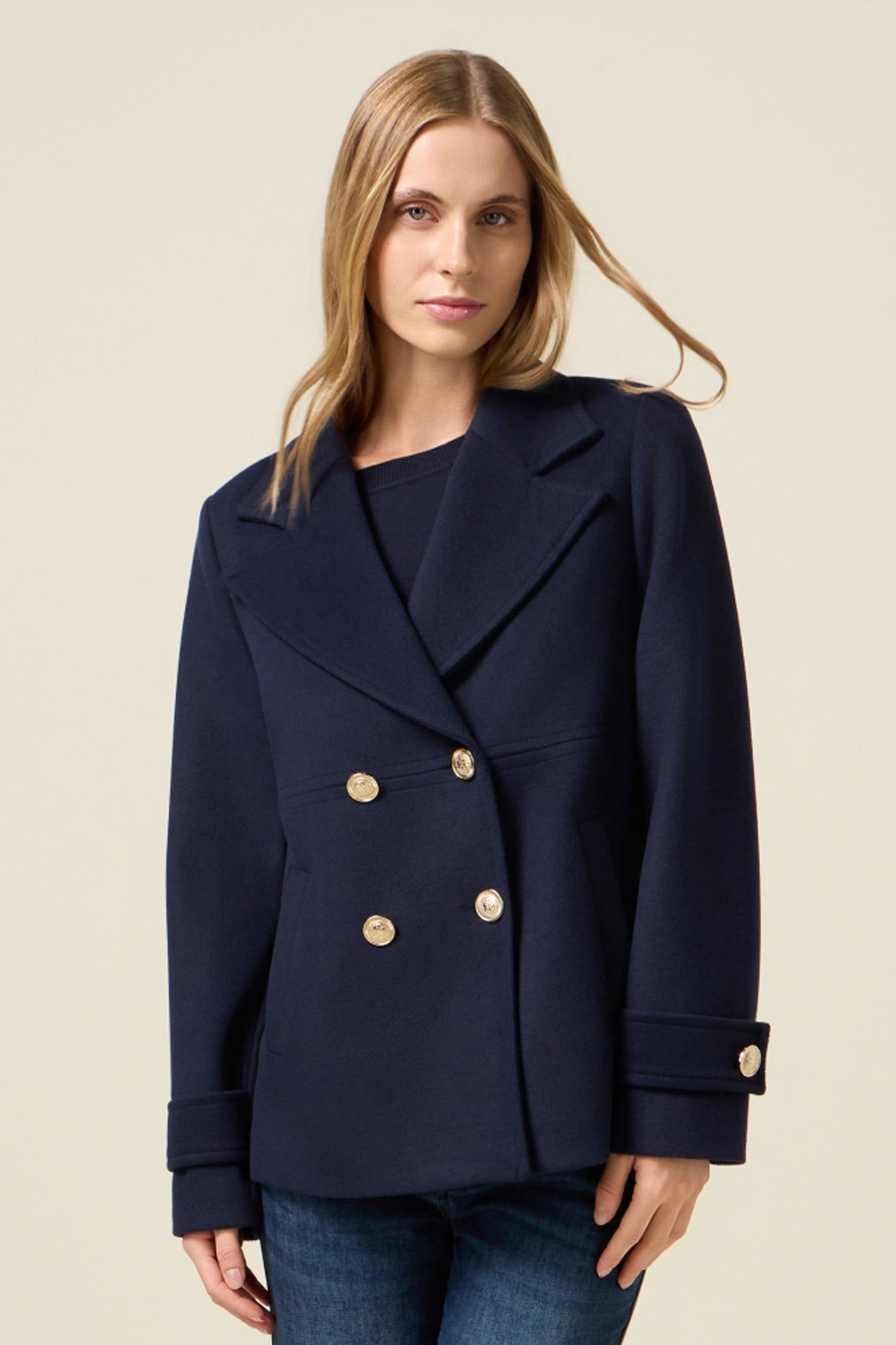 DOUBLE-BREASTED COAT IN DRAP BLUE 1