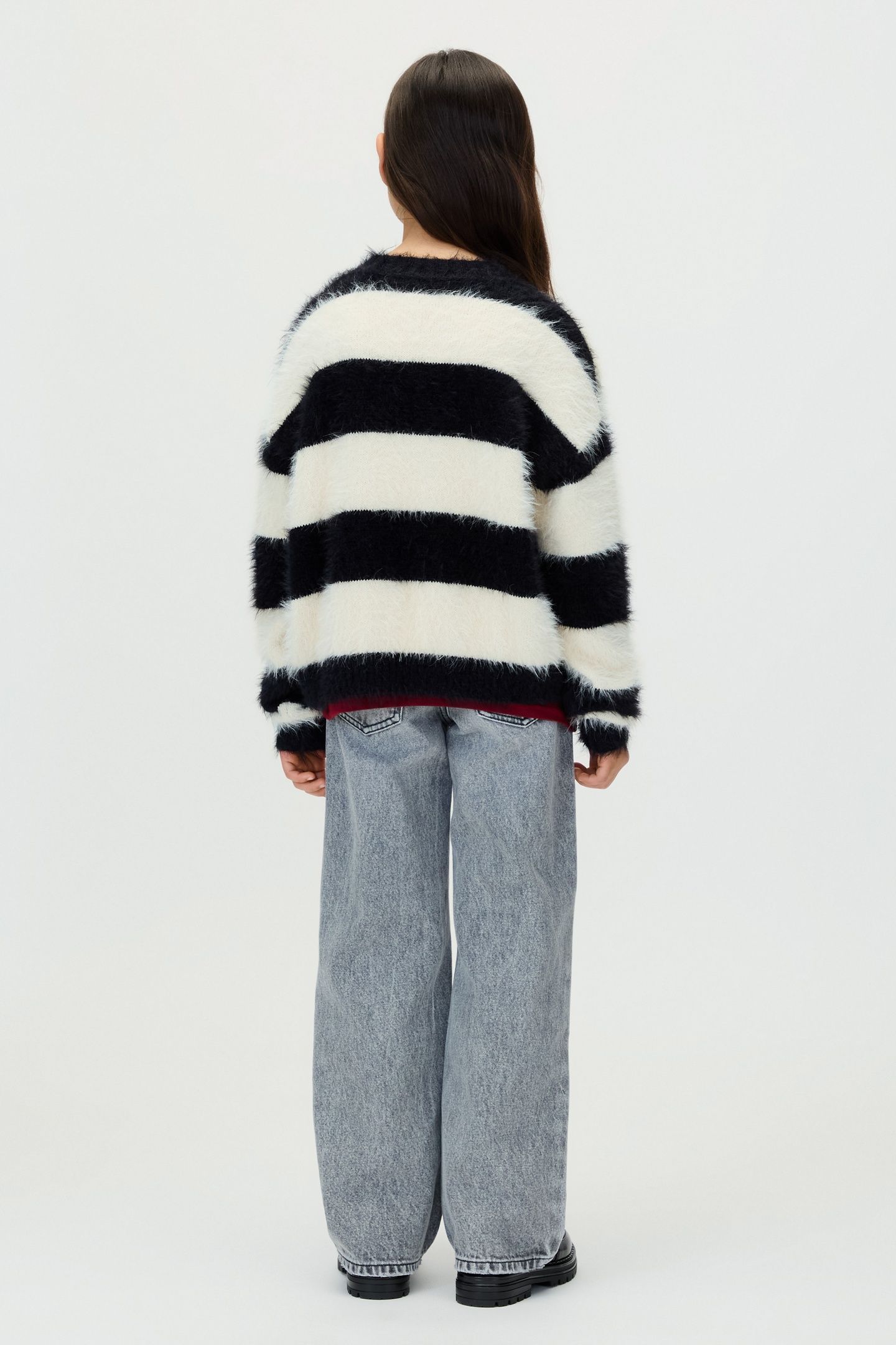 GIRLS STRIPE CN SWEATER WHITECAP GRAY/BLACK 2