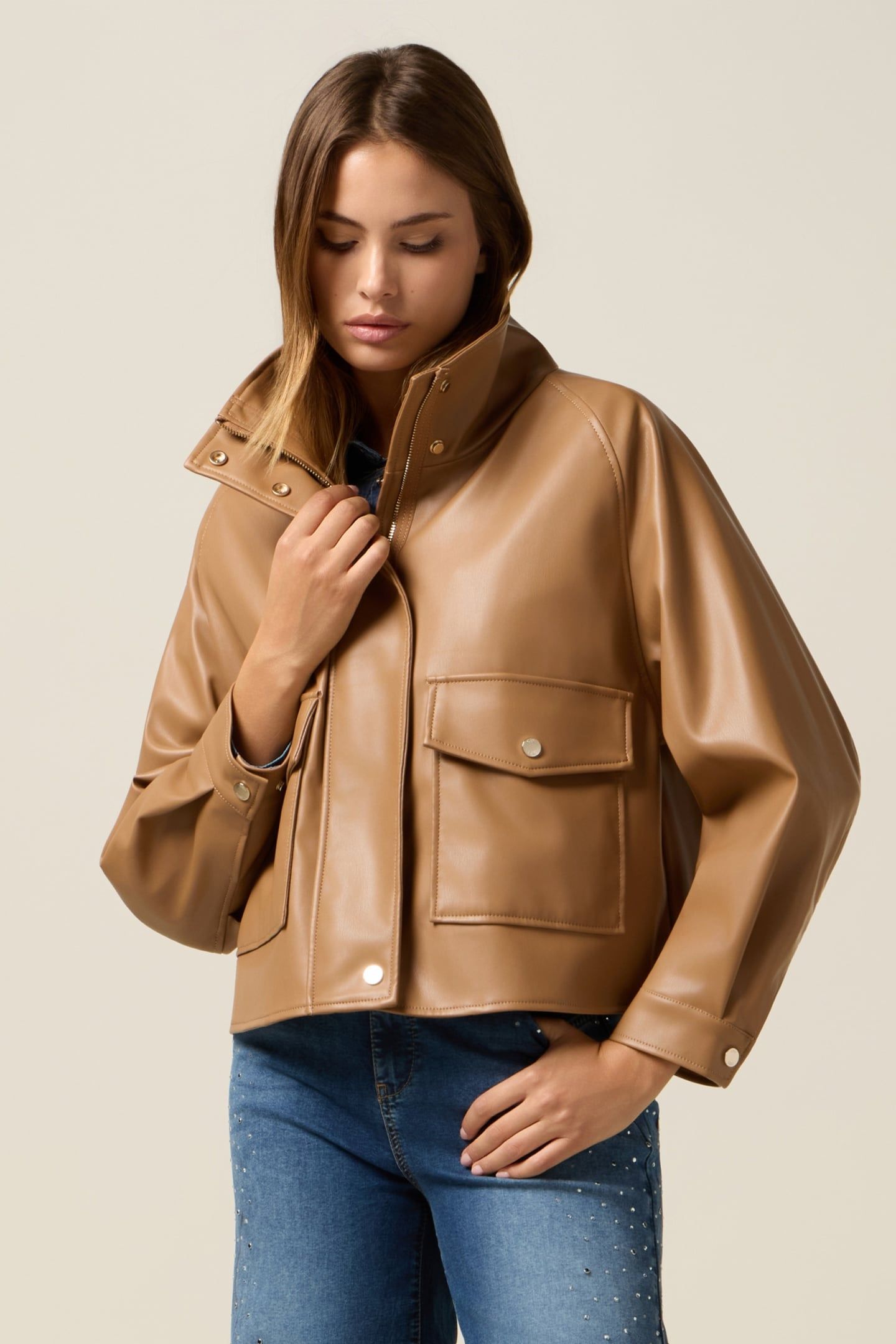 SHORT JACKET WITH HIGH COLLAR BROWN 1