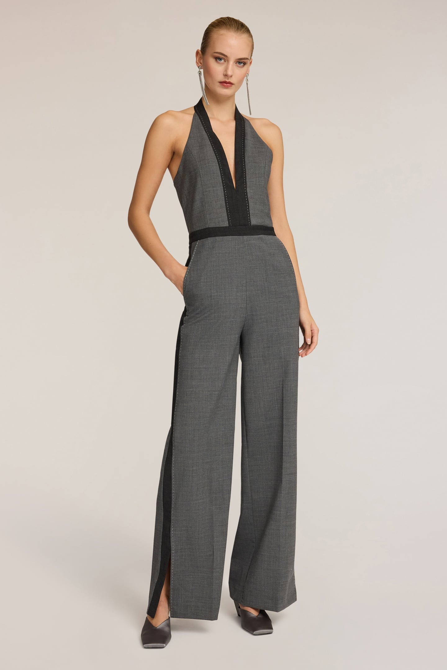 LONG JUMPSUIT WITH HALTER NECKLINE GREY 1