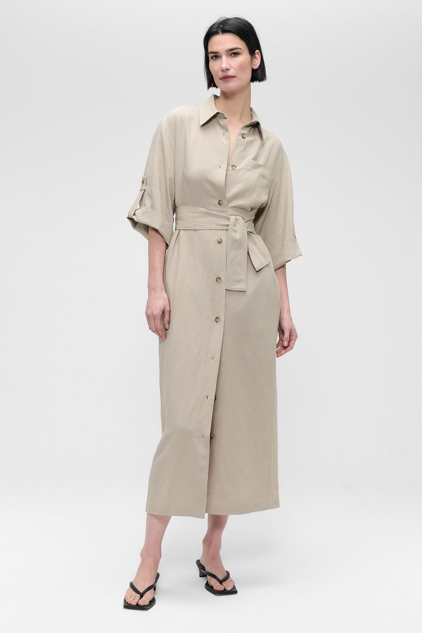 FINE LINEN VISC SHIRT DRESS GREEN KHAKI 2